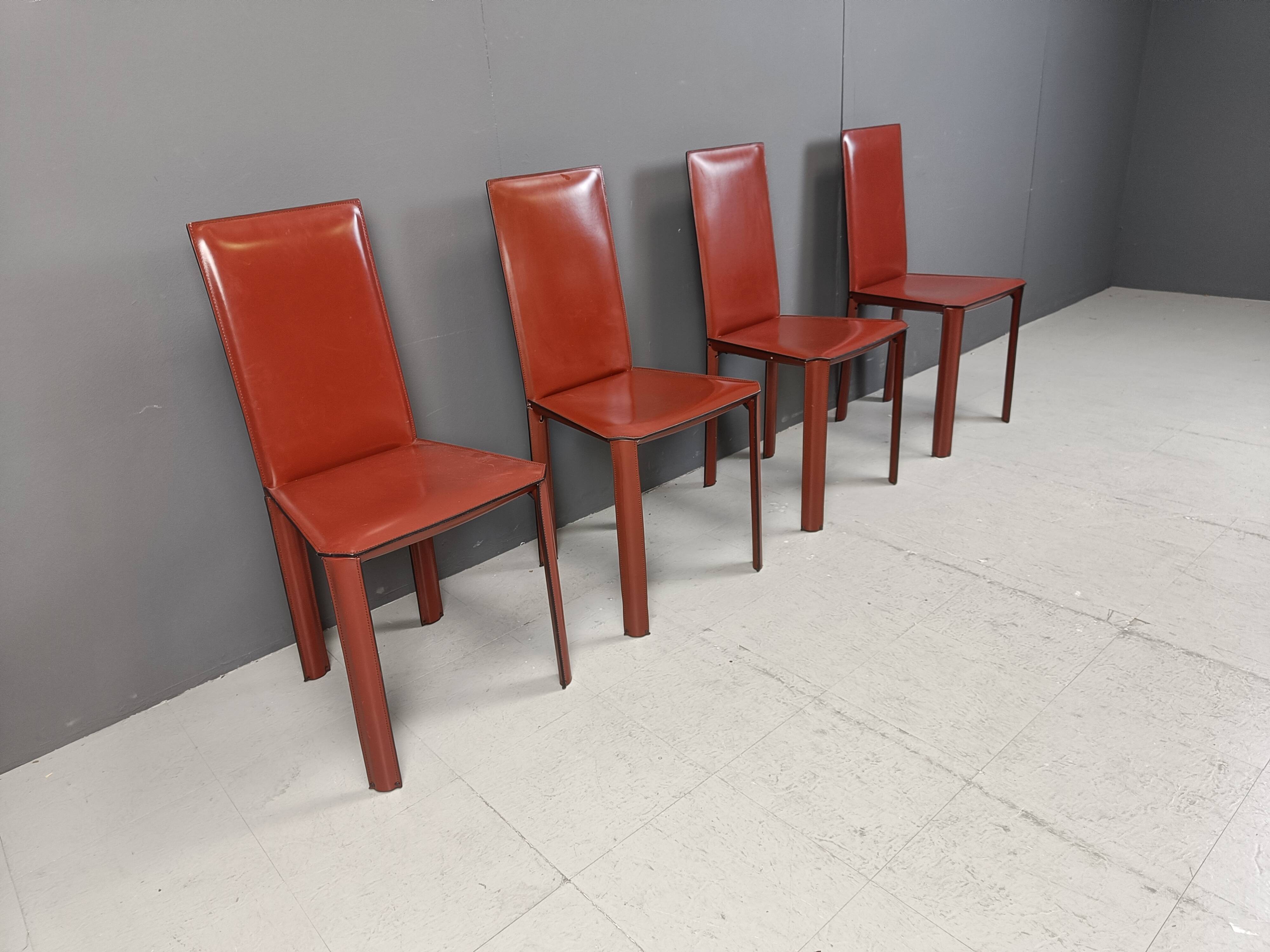 Red leather dining chairs by De Couro Brazil, 1980s - set of 4