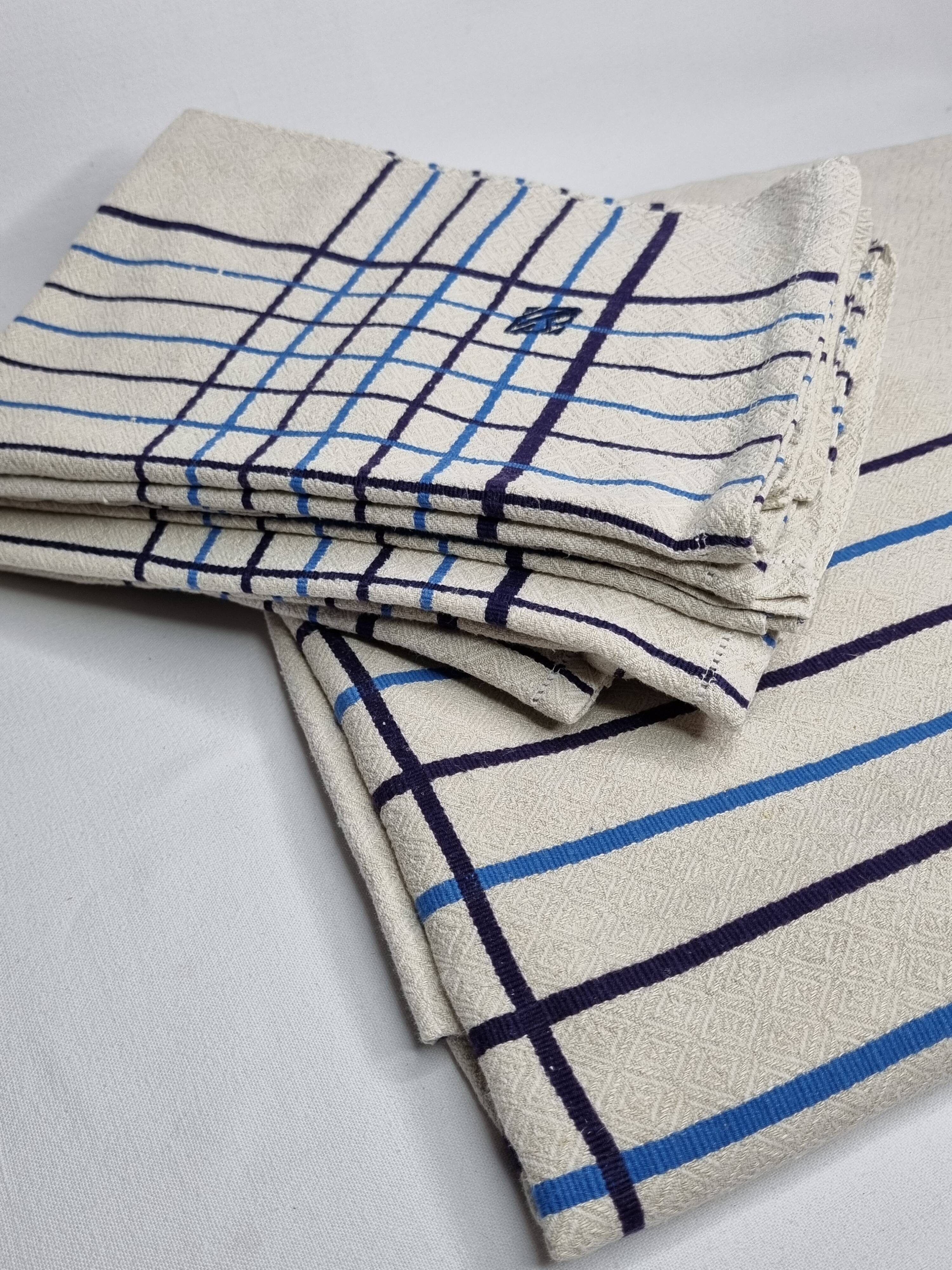 Vintage Table Set Damask Tablecloth and 8 Matching Embroidered Napkins, Blue and White Patterns