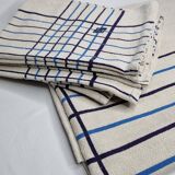 Vintage Table Set Damask Tablecloth and 8 Matching Embroidered Napkins, Blue and White Patterns