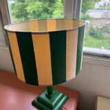 Pair of wooden bedside lamps with striped lampshades