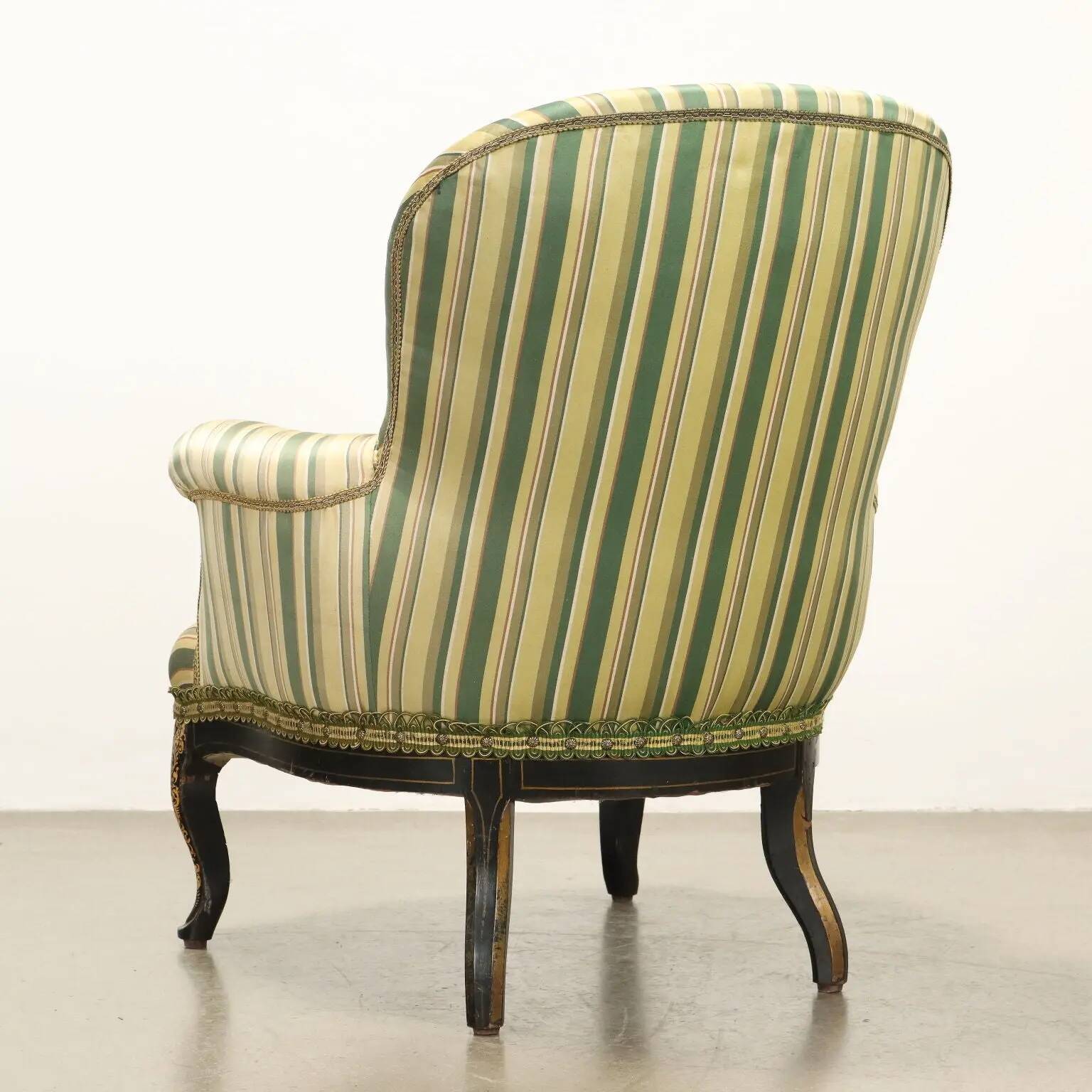Antique upholstered and lacquered wooden armchair, Italy, late 19th century.