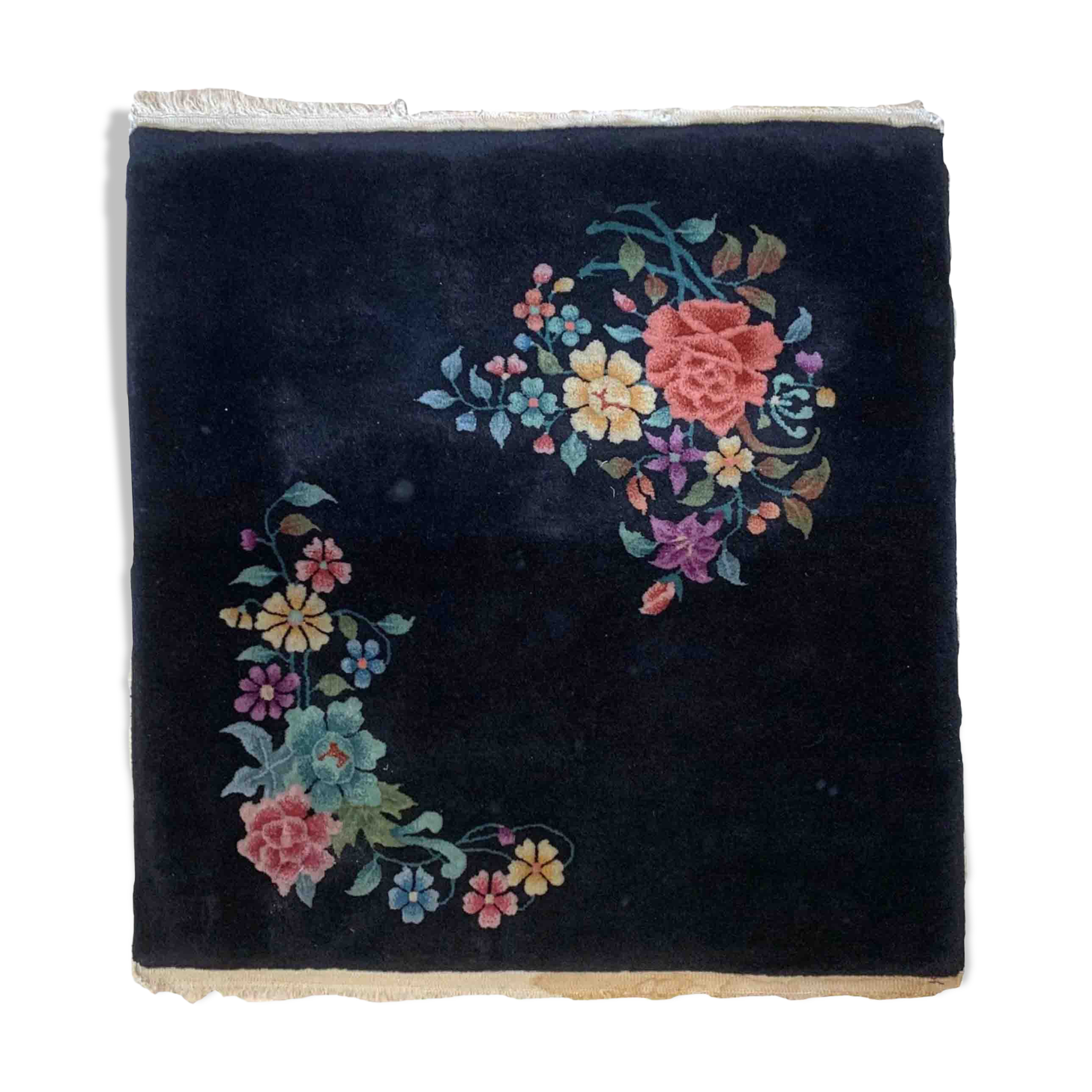 Antique Chinese carpet Art Deco handmade 94cm x 94cm 1920s