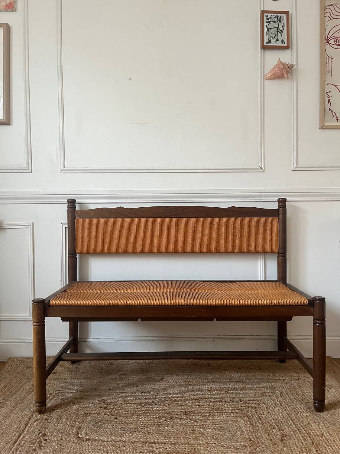 Provençal rustic wood and straw bench