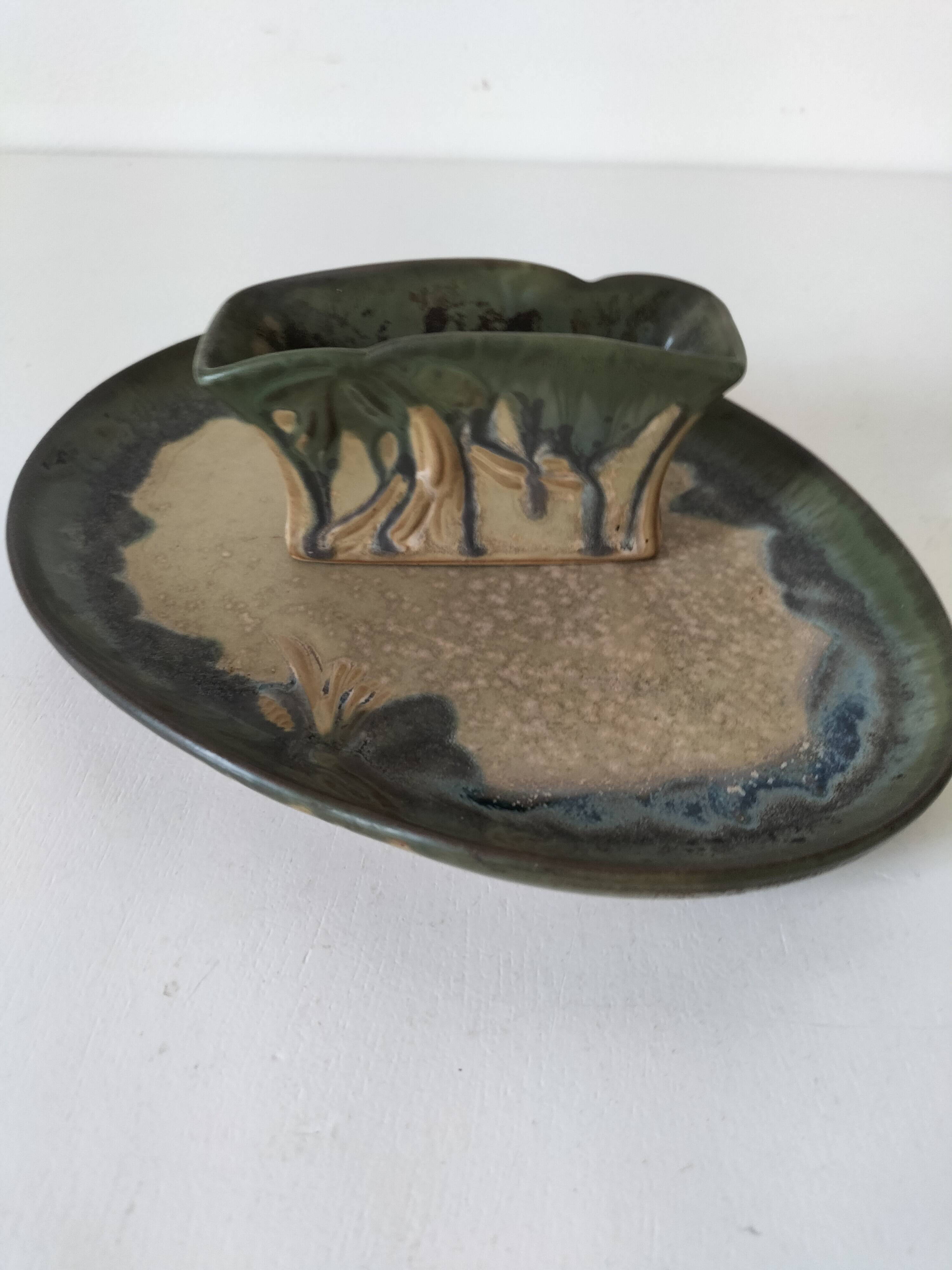 Pair of Denbac enamelled green and blue vide-poches.