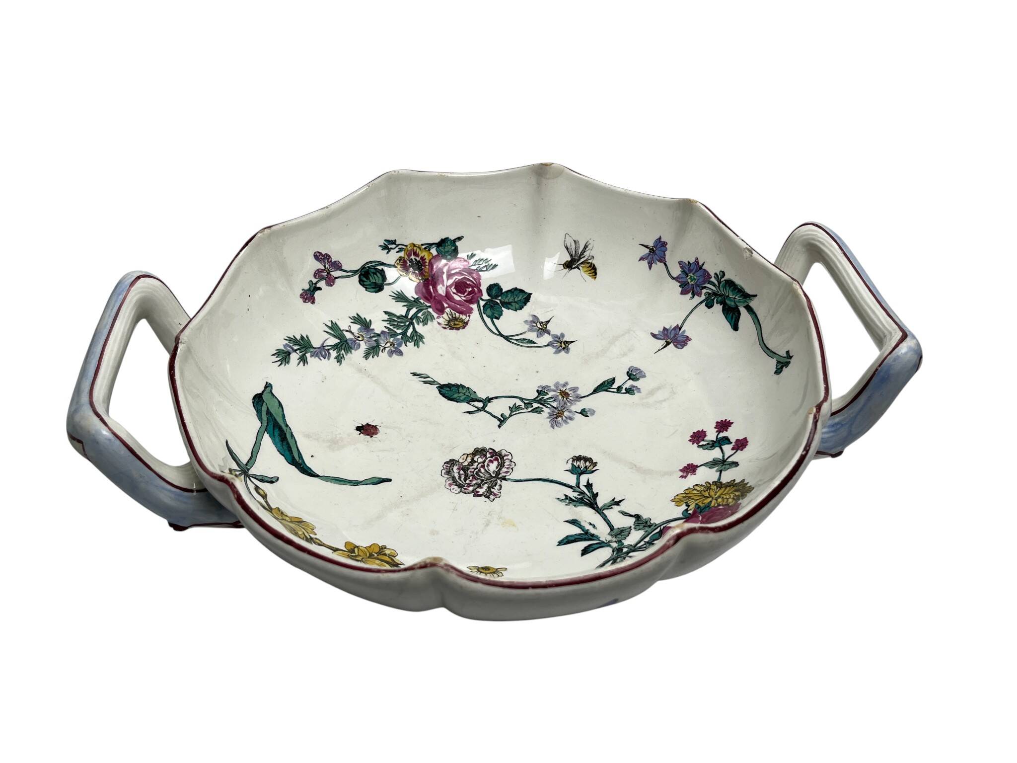 Gien, coupe faïence polychrome insectes et fleurs fin XIXème