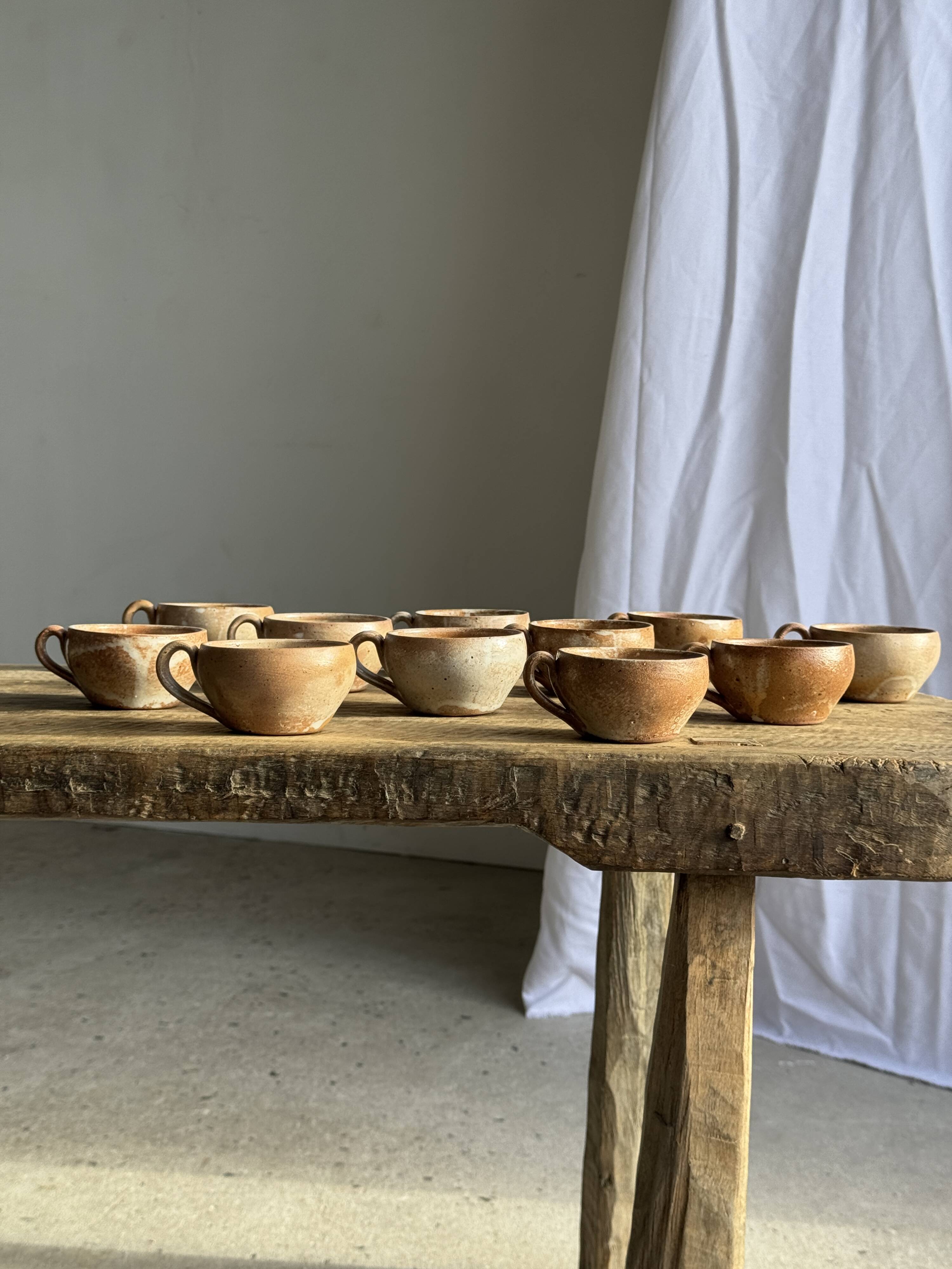 Set of 11 vintage coffee cups, raw matte stoneware H11