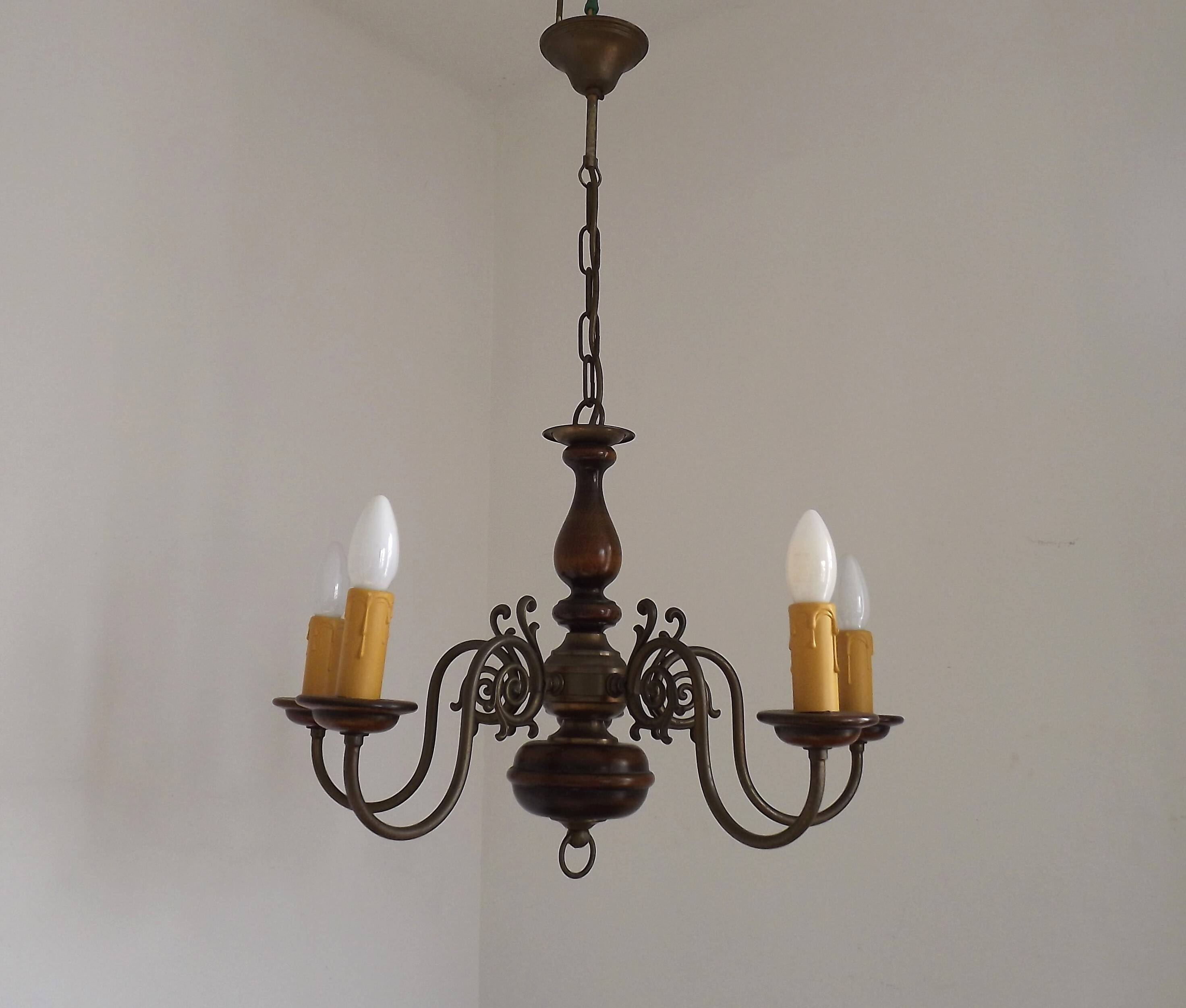 French Vintage 5 Light Mid Century Chandelier in Wood, Bronze and Metal 5525