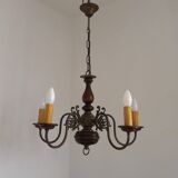 French Vintage 5 Light Mid Century Chandelier in Wood, Bronze and Metal 5525