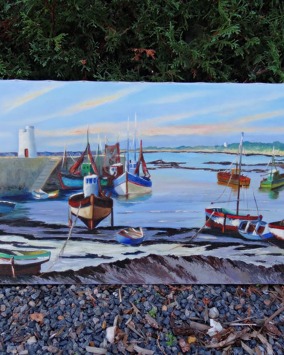 Huile sur toile scène portuaire de Saint Malo signé Jean Pierre Devilliers