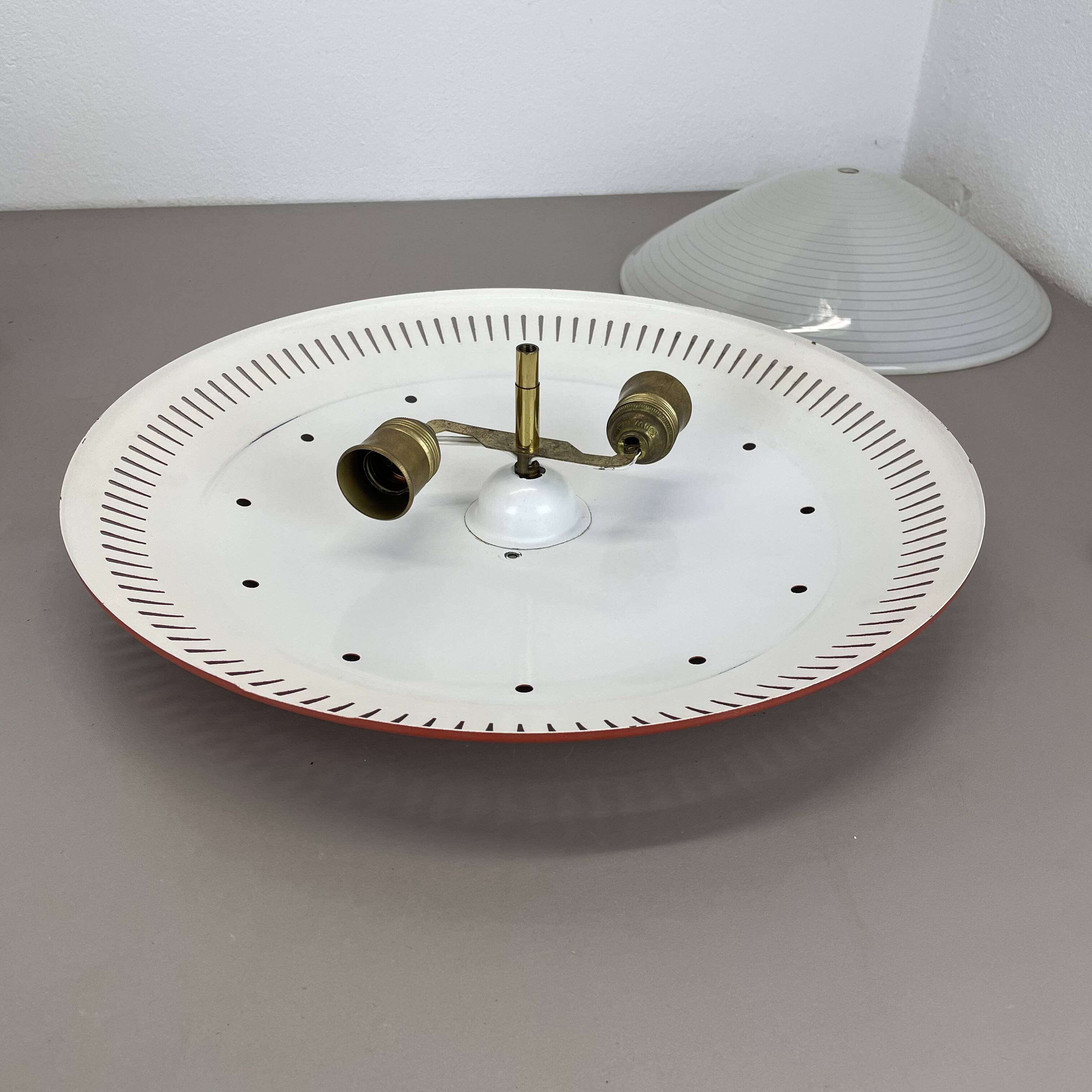 Modernist Stilnovo Style Metal glass Ceiling Flushmount Light, Italy 1950s