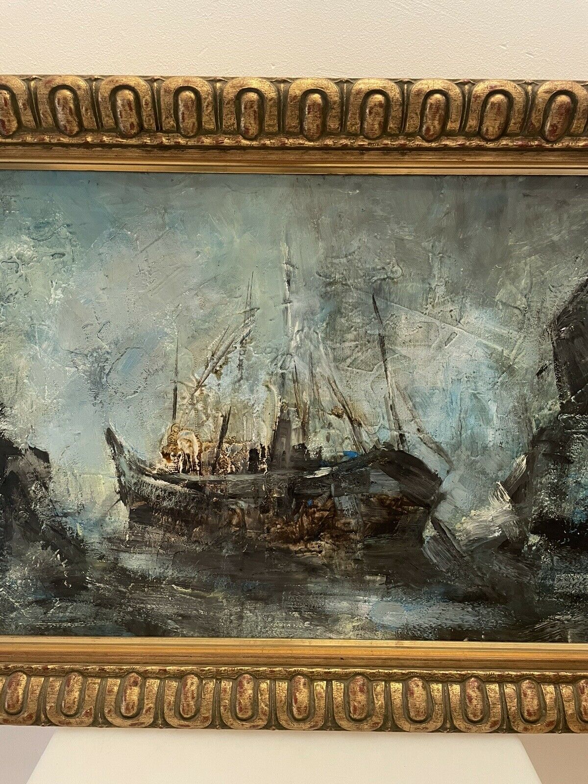 Marcel thomas jura painter, large oil on canvas, marine, trawler