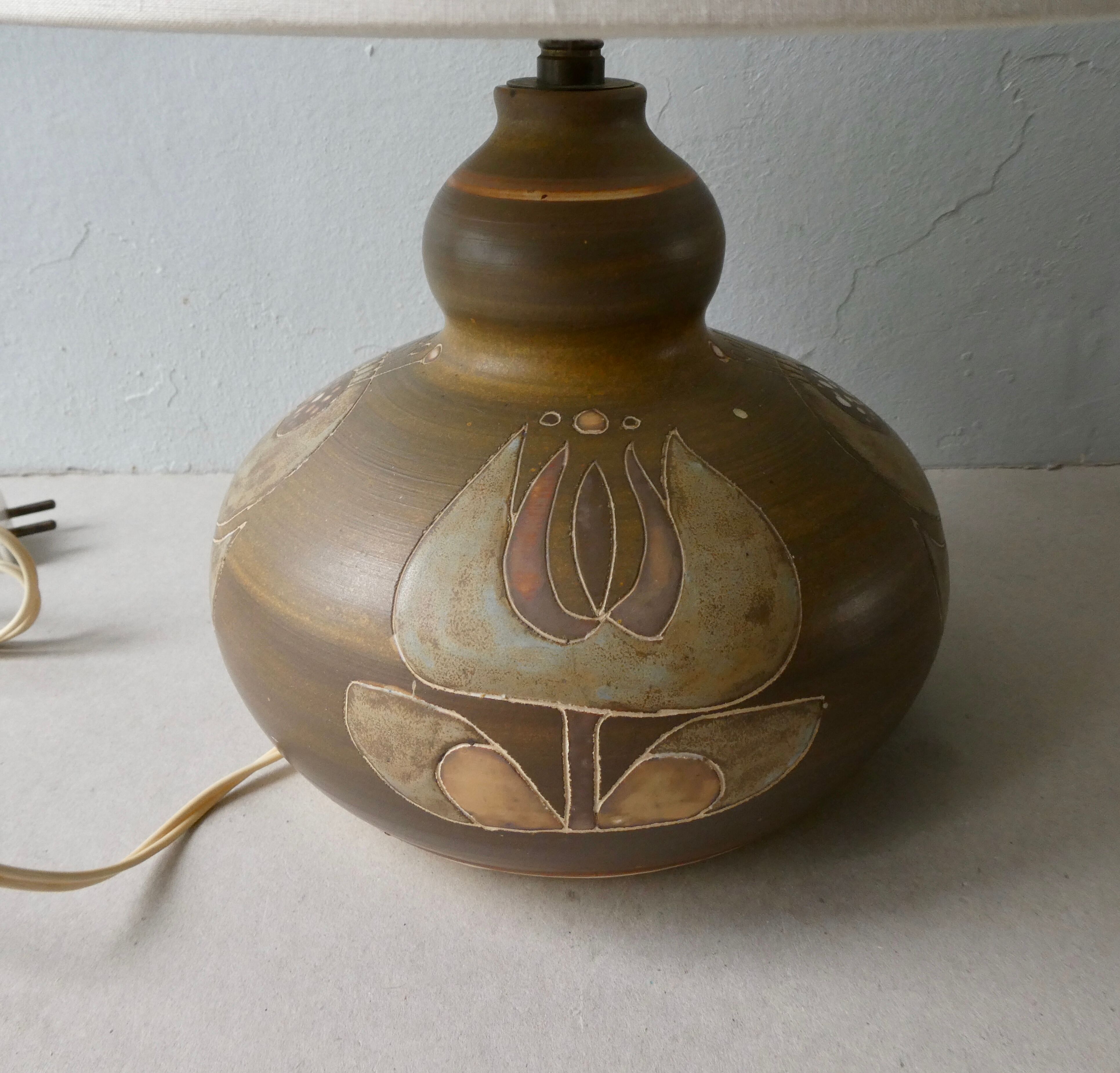 Ceramic lamp from the 60s, decoration flowers, Scandinavian, signed