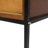 Pair of mahogany veneer and black lacquered iron cabinets. 1950s.