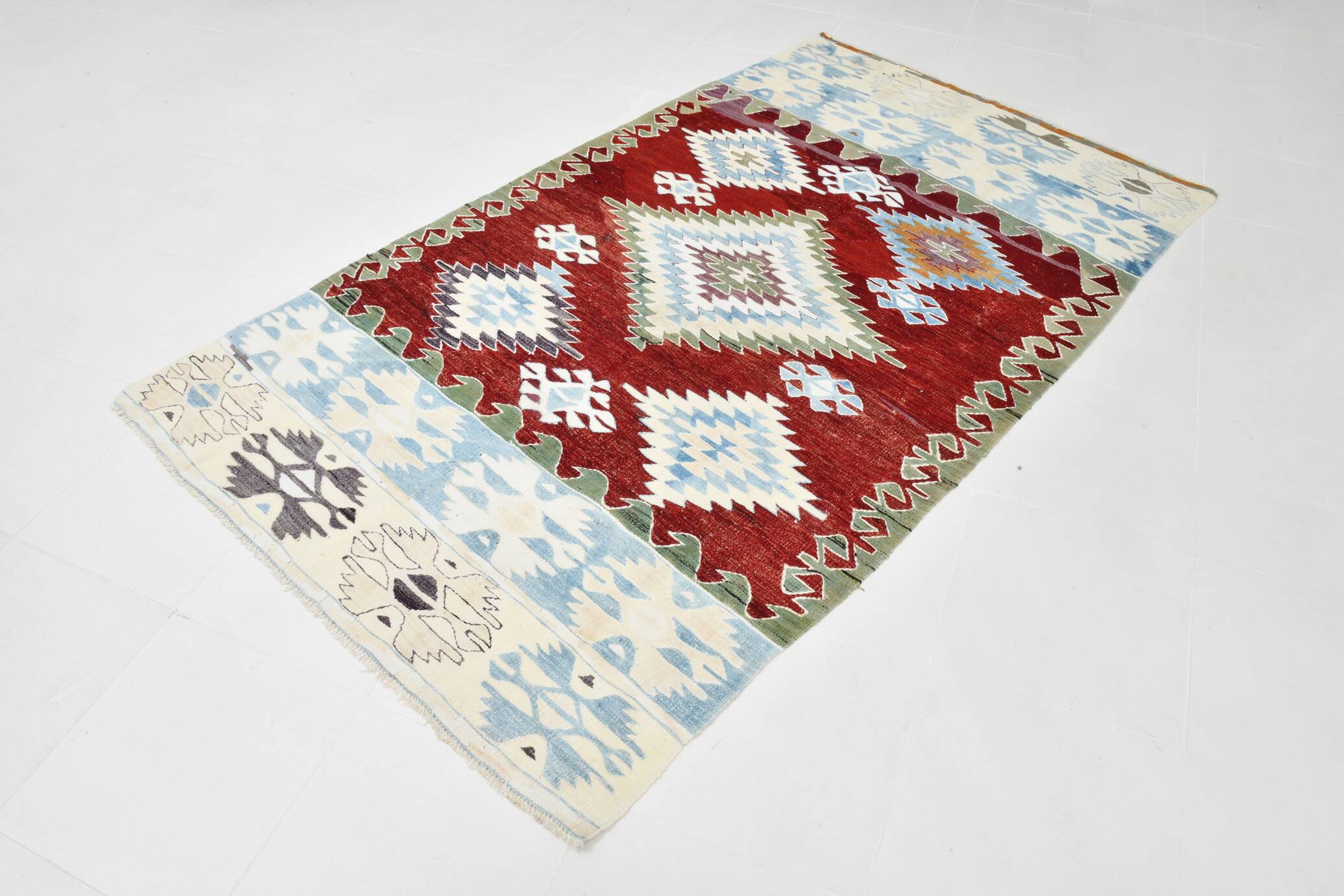 5x8 Burgundy & Light Blue Rare Geometric Style Wool Kilim Rug, 144x241 Cm