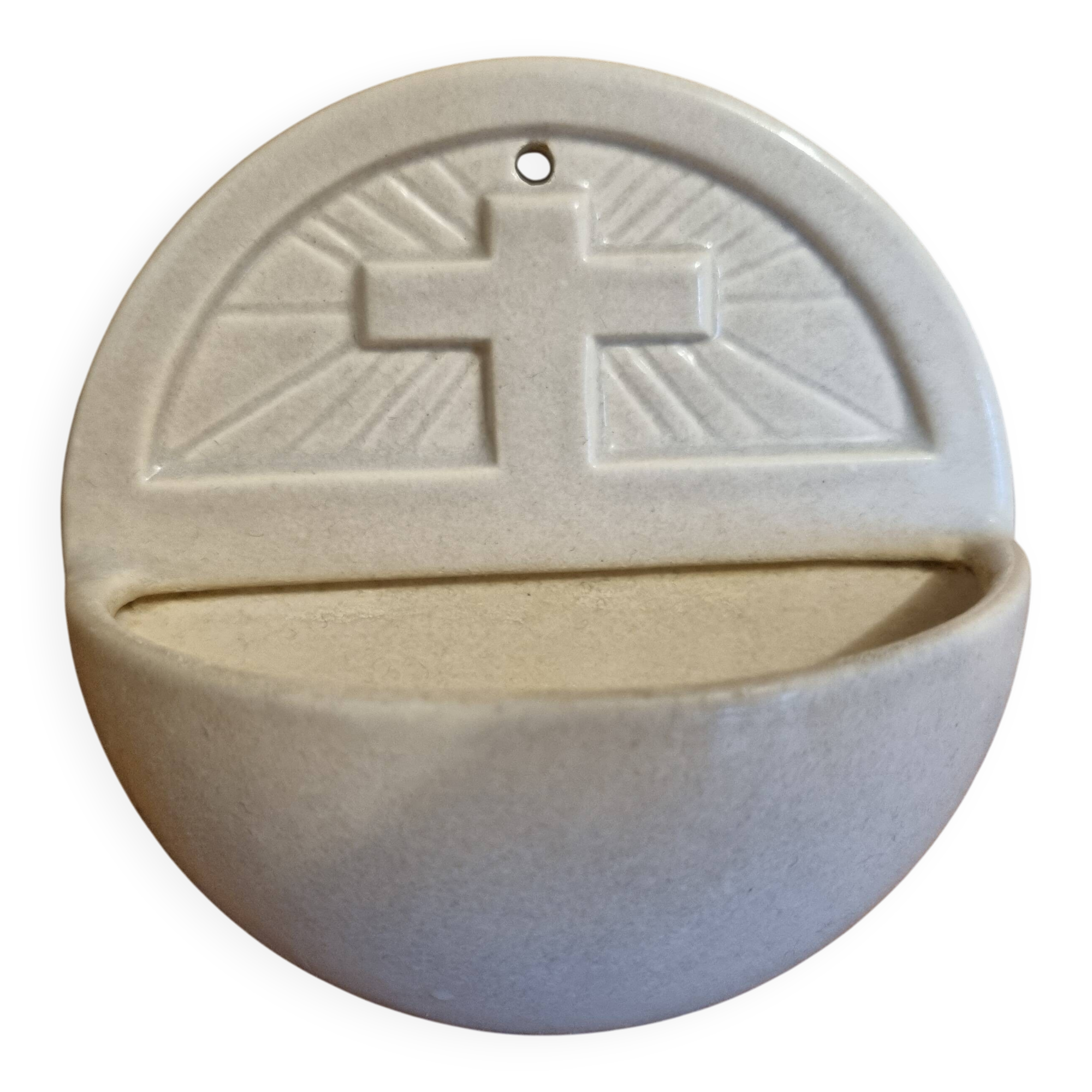 Antique earthenware holy water font from Desvres, 1950s