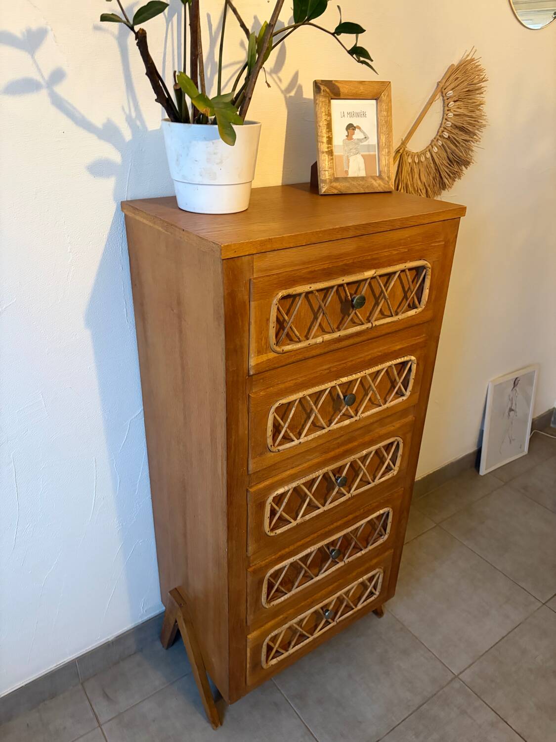 Vintage oak and rattan chest of drawers
