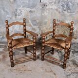 Pair of turned wooden spool armchairs, mid-20th century, France