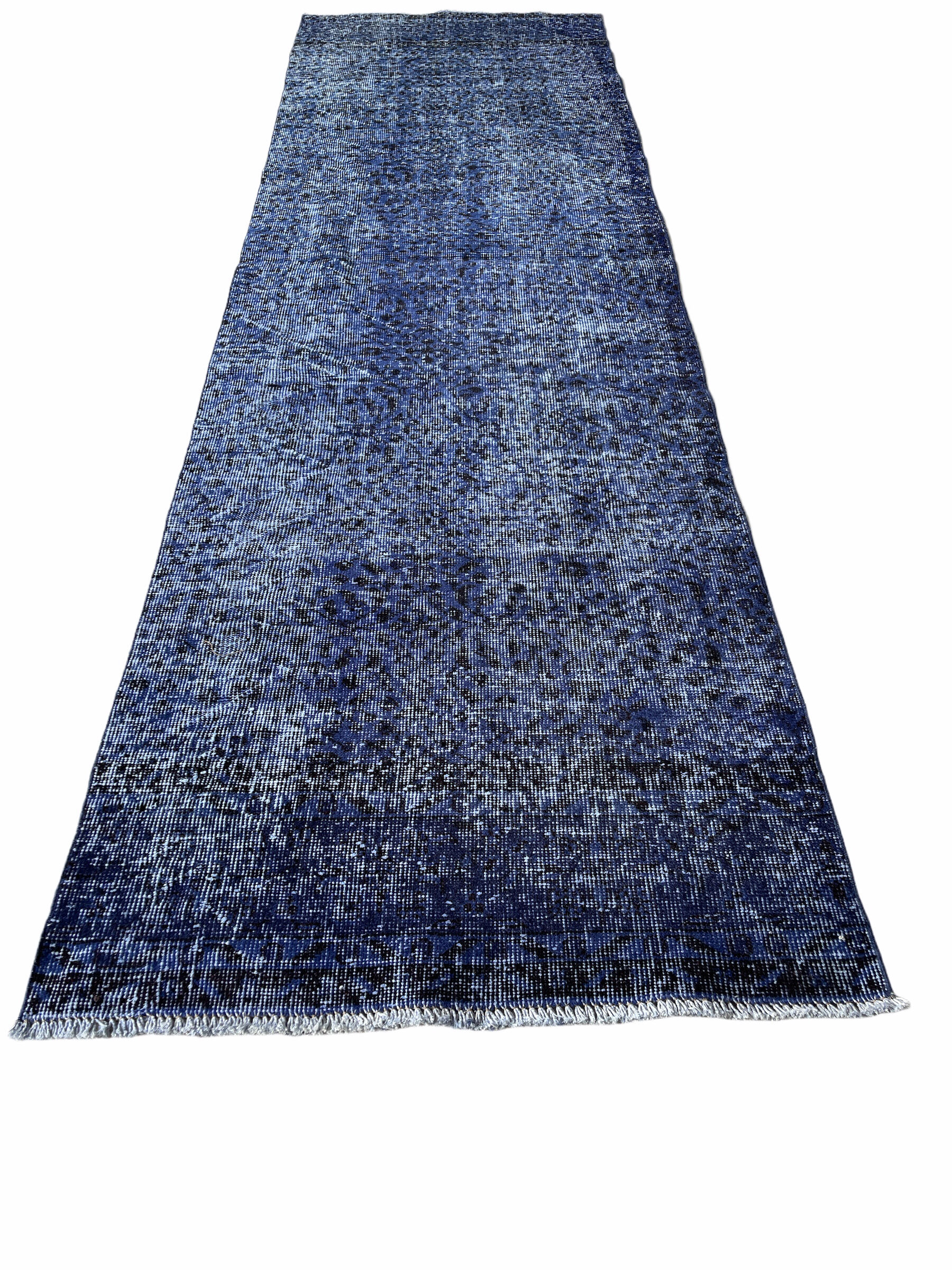Distressed Turkish Narrow Runner 316 X 98 cm Wool Vintage rug, Over-dyed Navy Blue