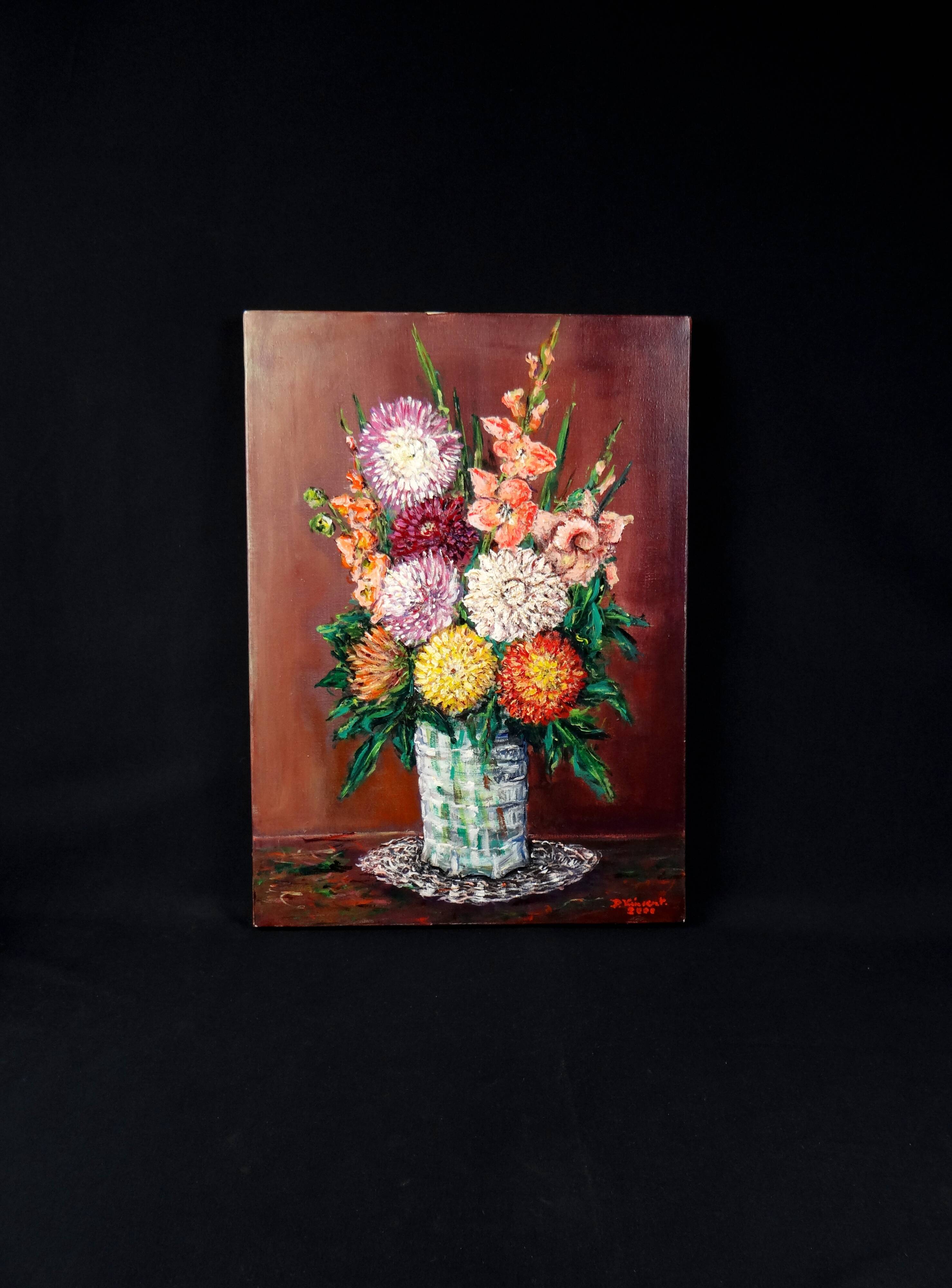 Still life 'Gladioli and Dahlias' Oil on canvas 36x33 signed J.D Vincent
