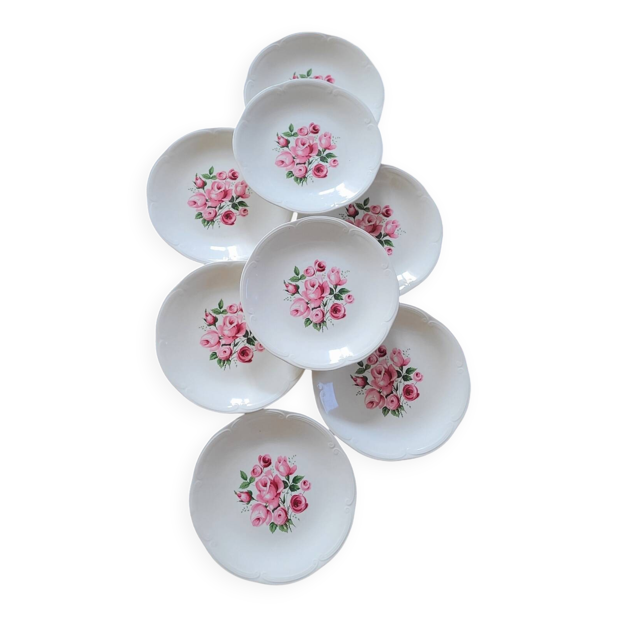 Gien dinner plates – painted roses – 1960s – set of 8 – ø 24 cm