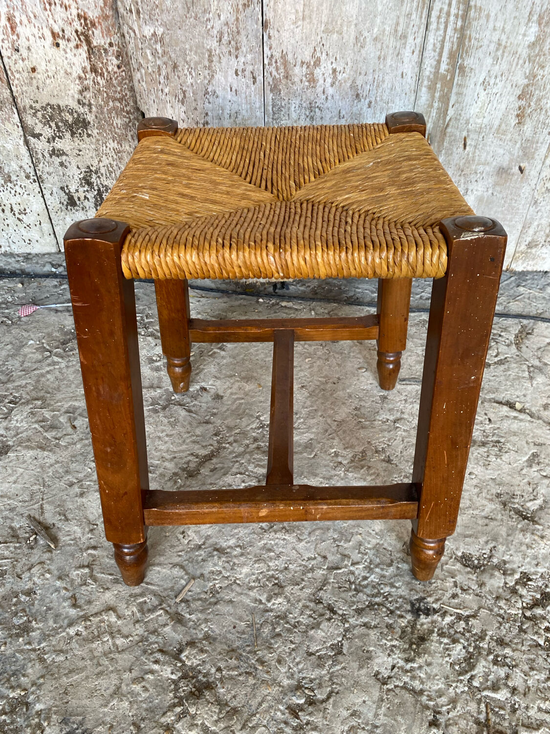Old Trapezoid Stool Wood + Woven Straw Seat #D823