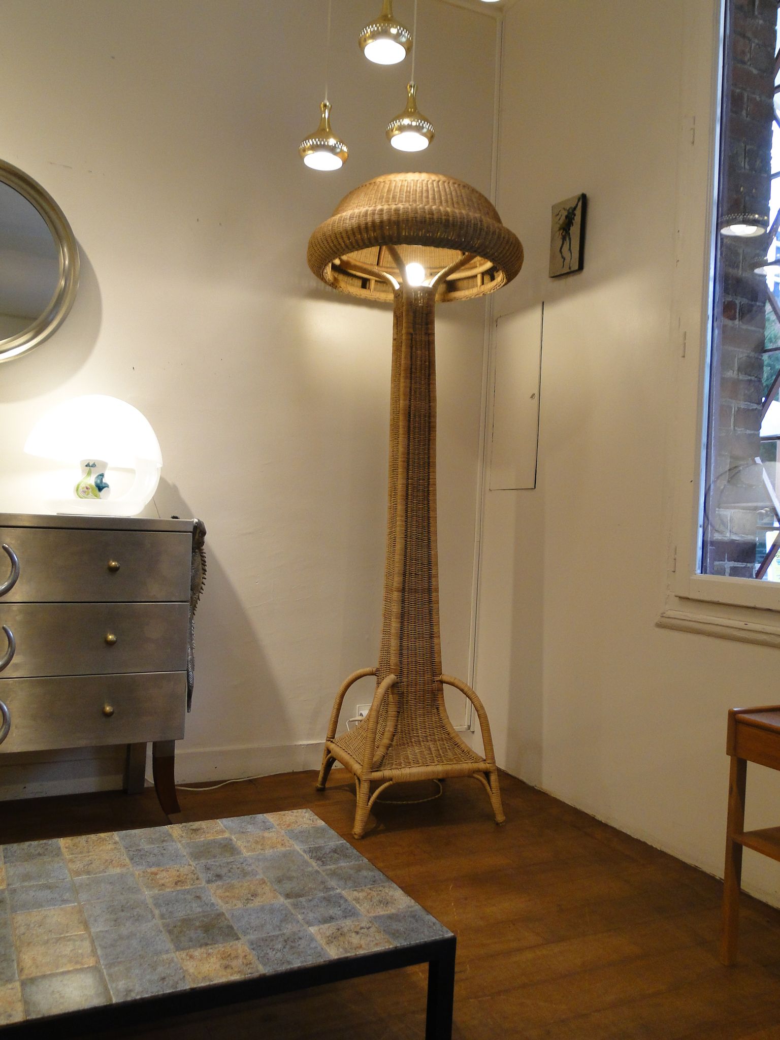 Vintage lamppost in rattan shape mushroom France 1950