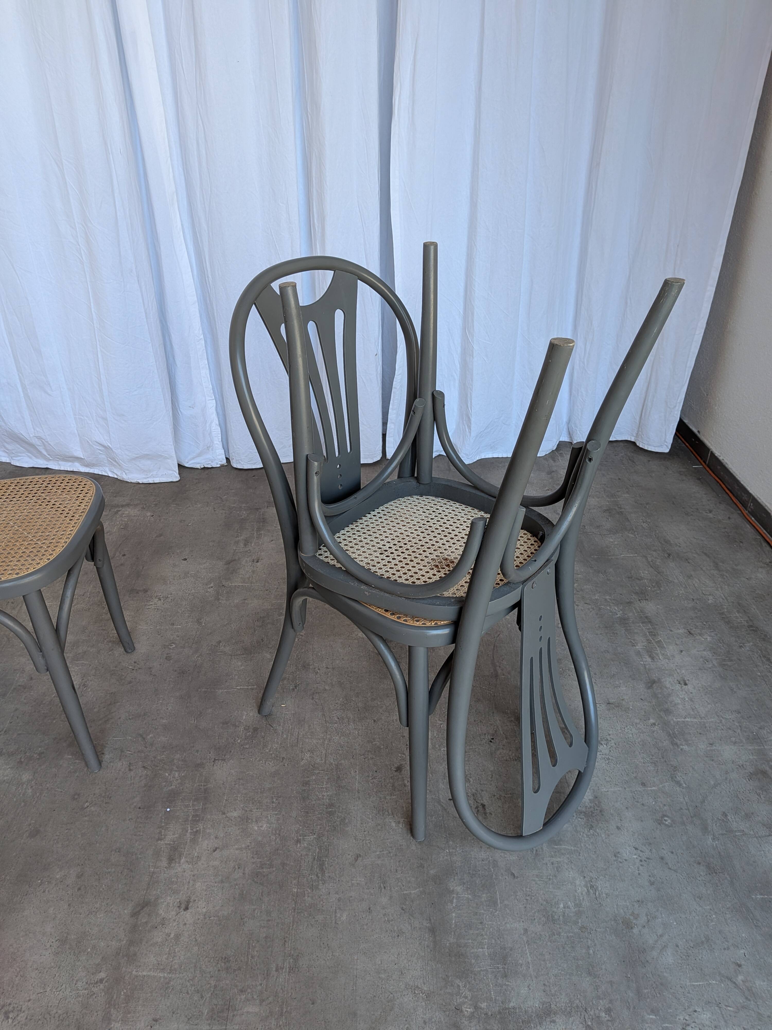 Set of 4 Vintage Gray Thonet Style Dining Chairs with Cane Seat