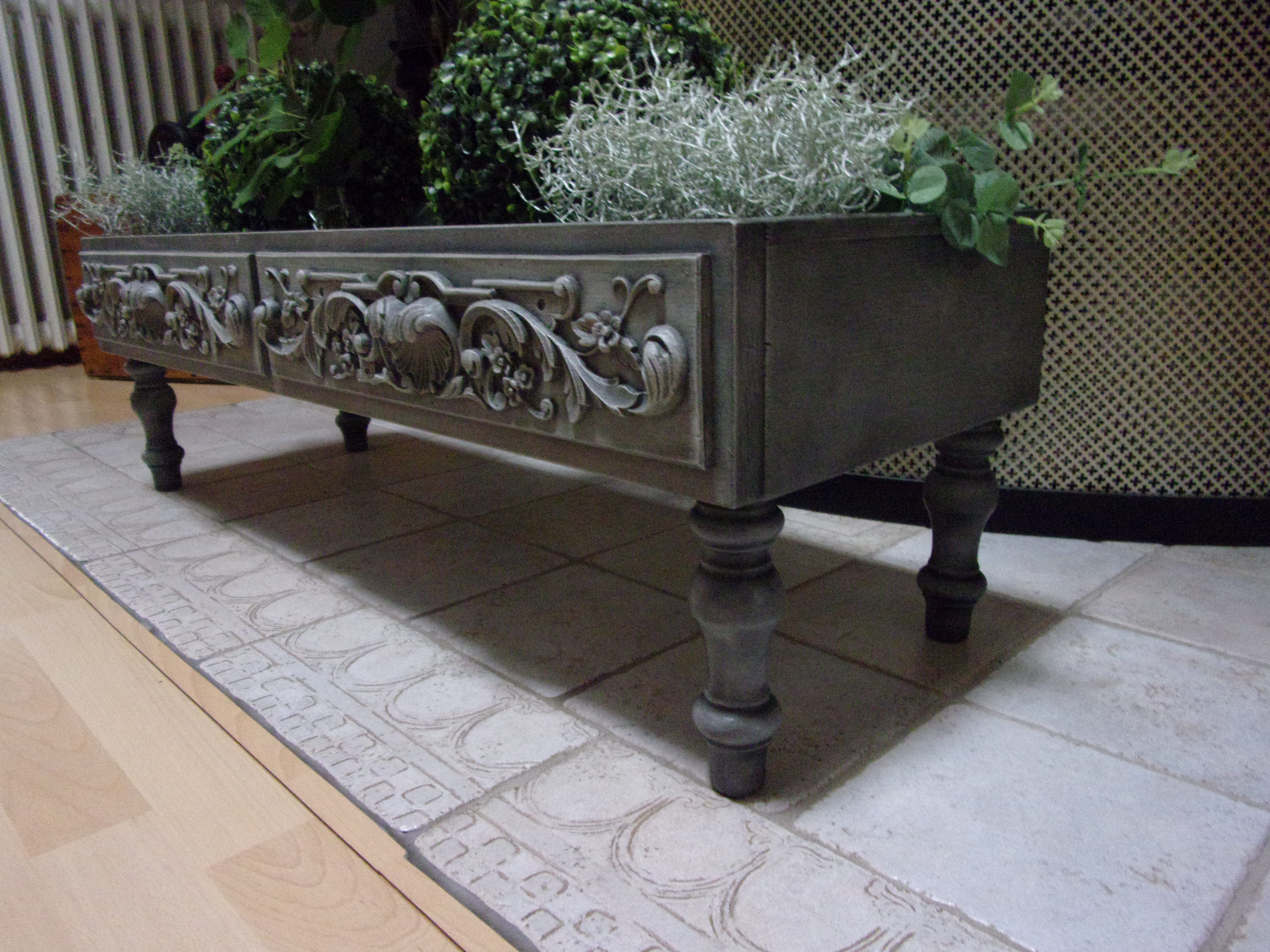Large baroque style interior planter in gray patinated wood