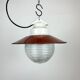 Industrial porcelain red enamel pendant light with ribbed clear glass, 1970s
