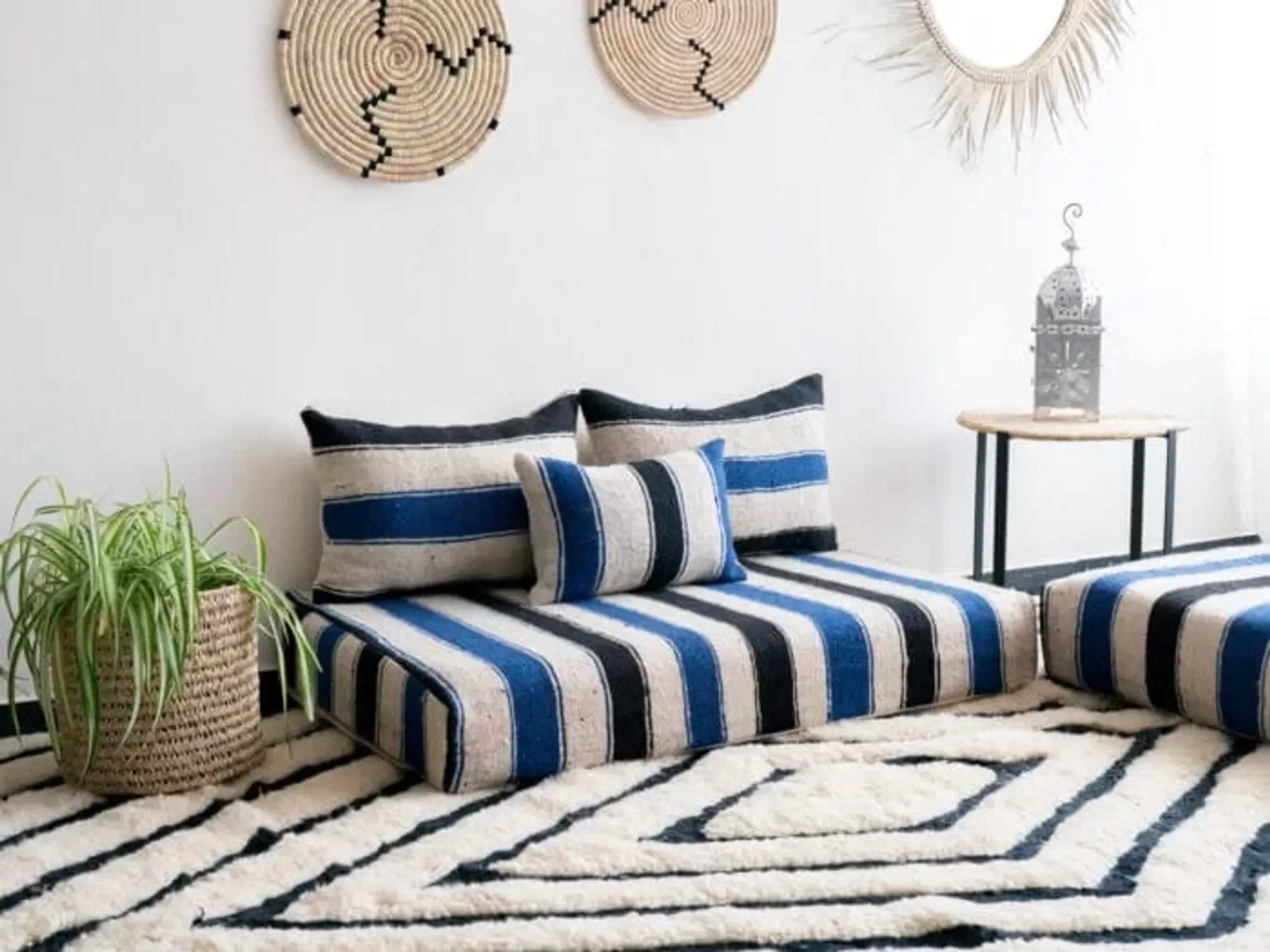 Handmade Moroccan blue and black floor cushion 120x70cm