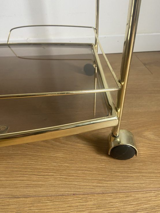 Vintage rolling service in gilded metal and smoked glass