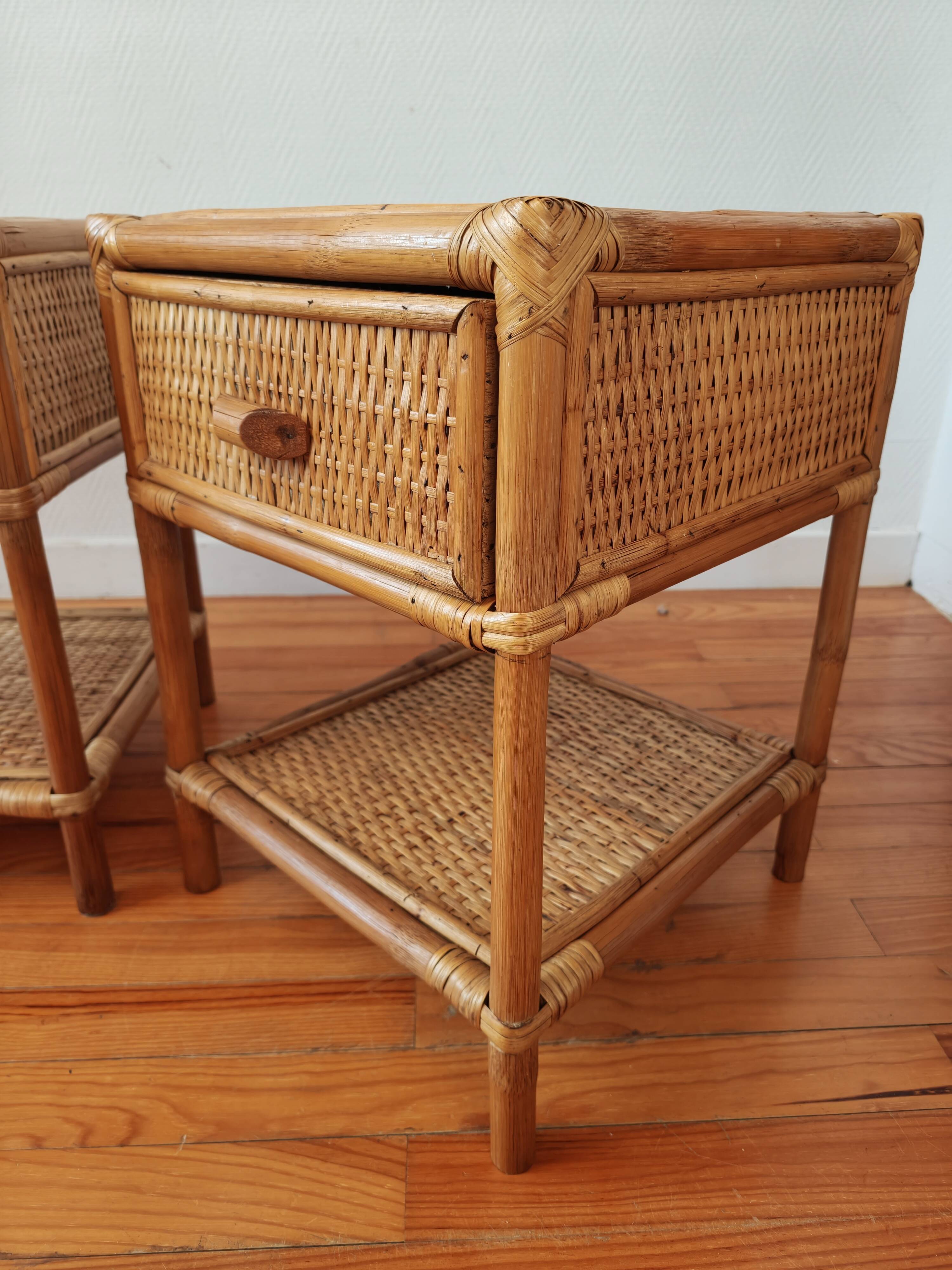 Pair of bedside tables in rattan and wicker - circa 1970