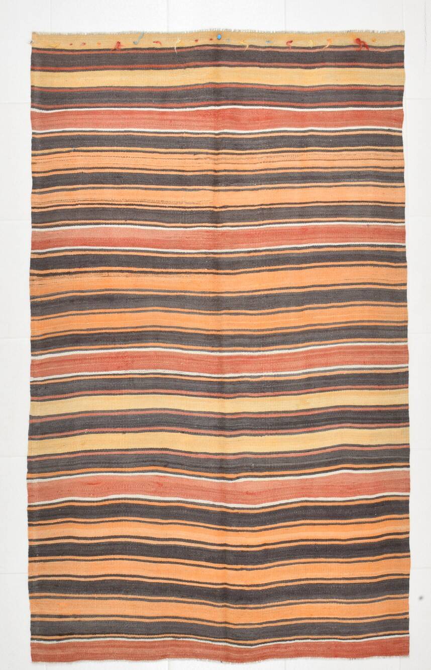 4x7 Kilim Terracotta Red & Orange Striped Turkish Vintage Kilim Rug