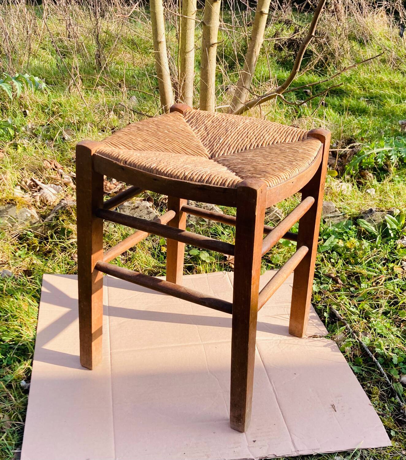Tabouret rustique en bois et paille, XIXème s.