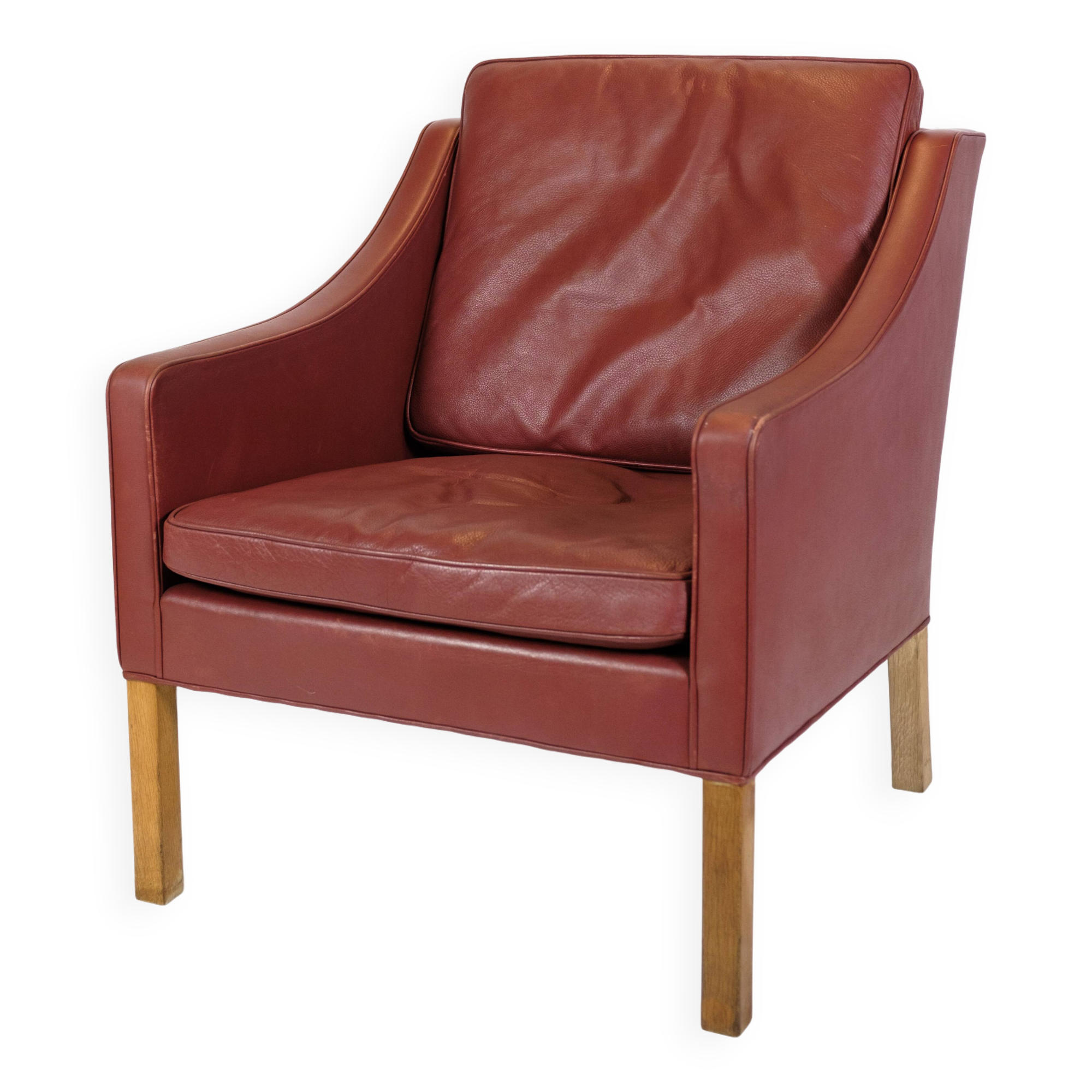 Armchair Model 2207 Made In Red Leather & Oak Frame By Børge Mogensen From 1960s