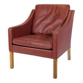 Armchair Model 2207 Made In Red Leather & Oak Frame By Børge Mogensen From 1960s