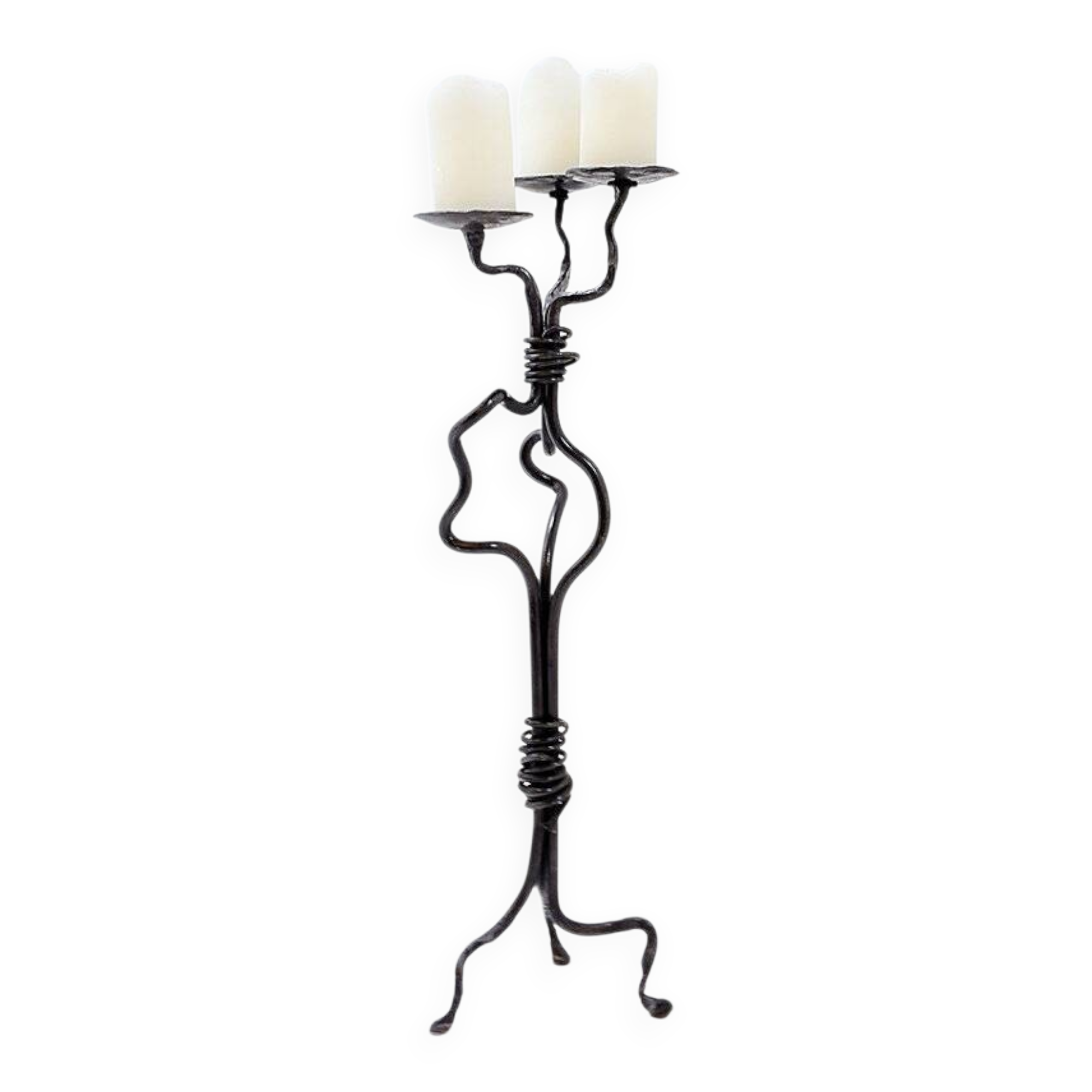 Large wrought iron candelabrum with an abstract design and three candle holders.