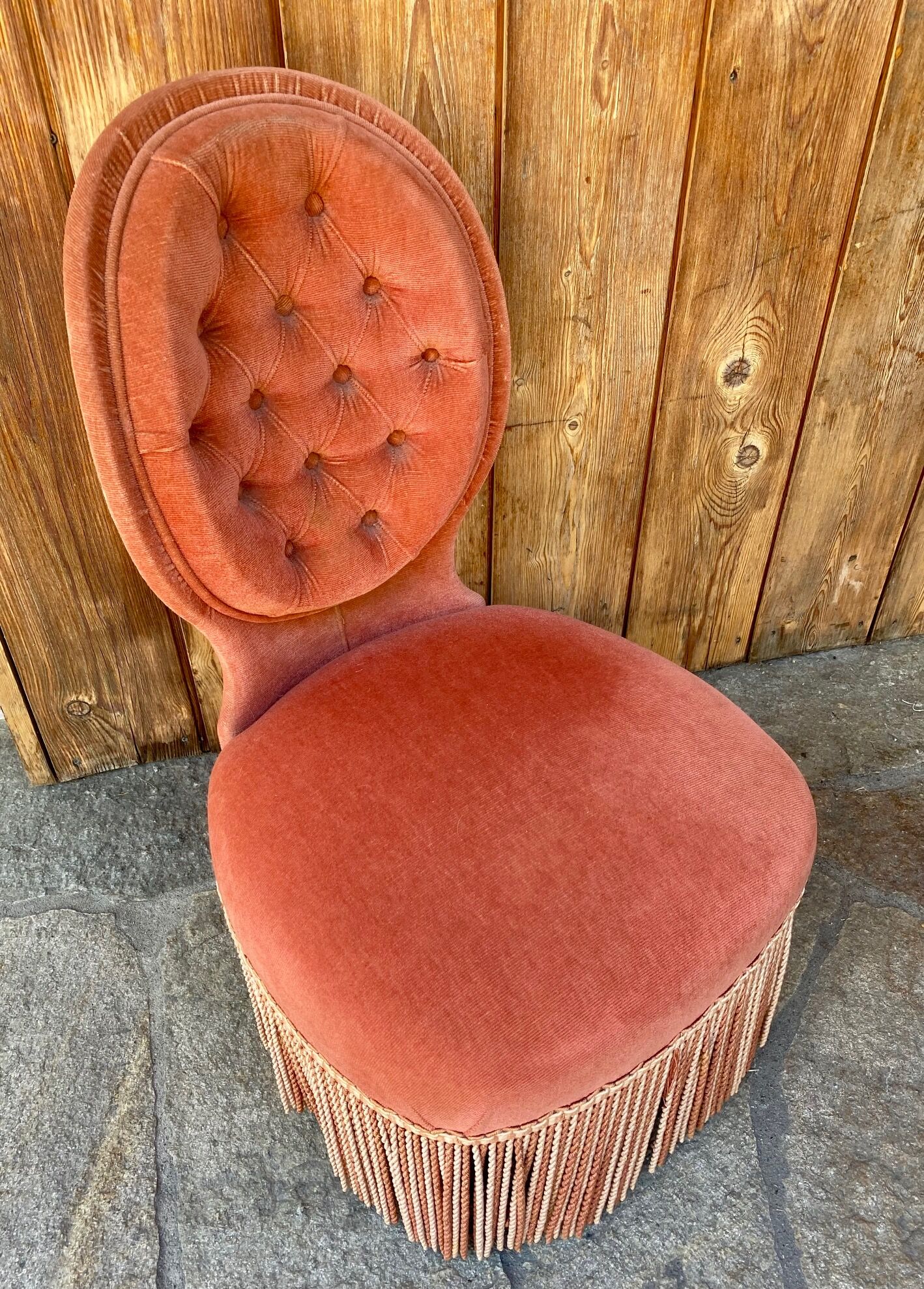 Velvet armchair salmon color upholstered - Napoleon III style