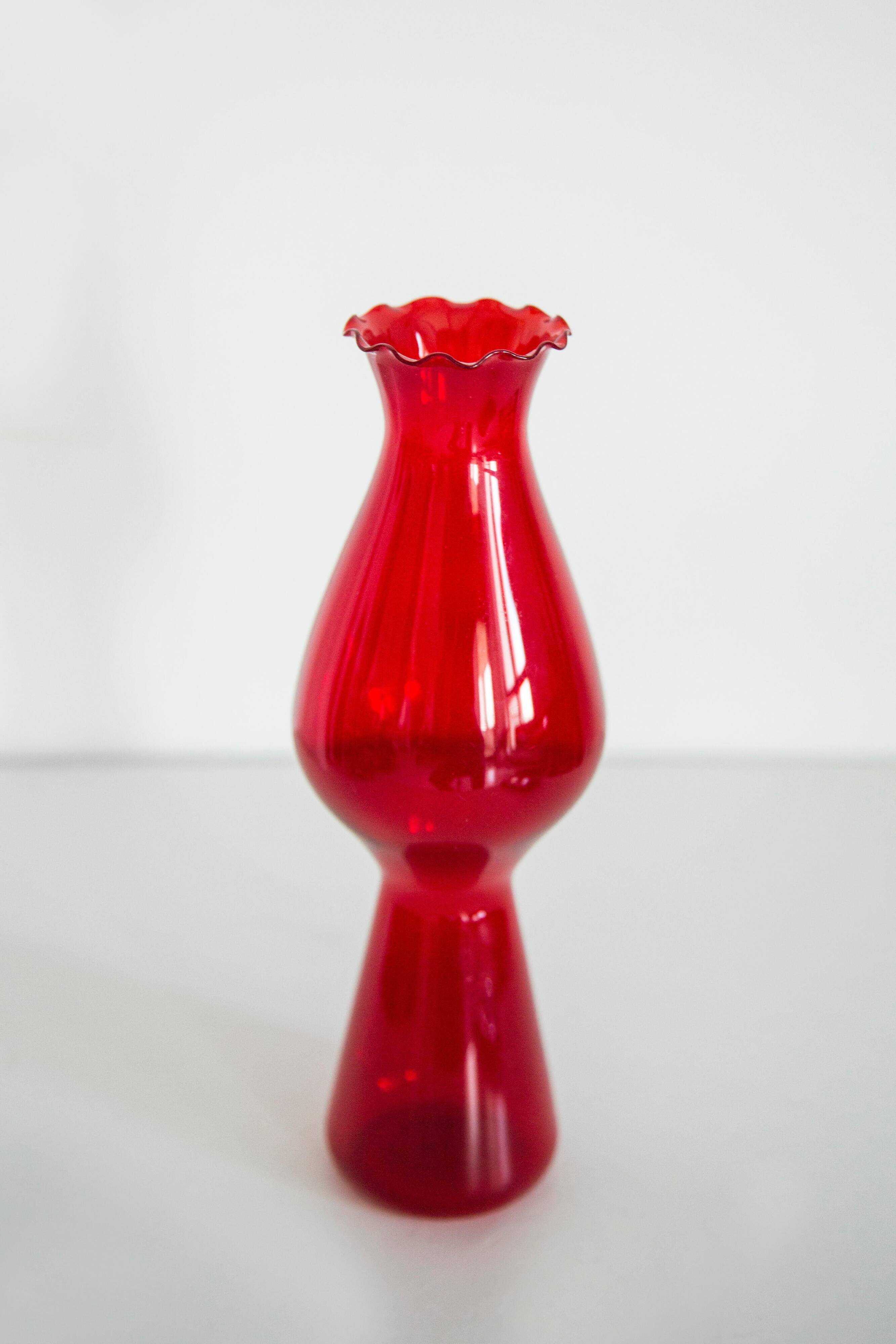 Thin red glass vase from the mid-century with a ruffle, Europe, 1960s