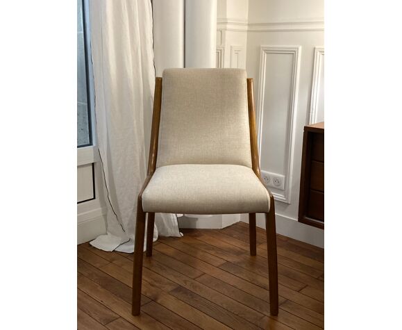 Chaise design bois et tissu beige | Selency
