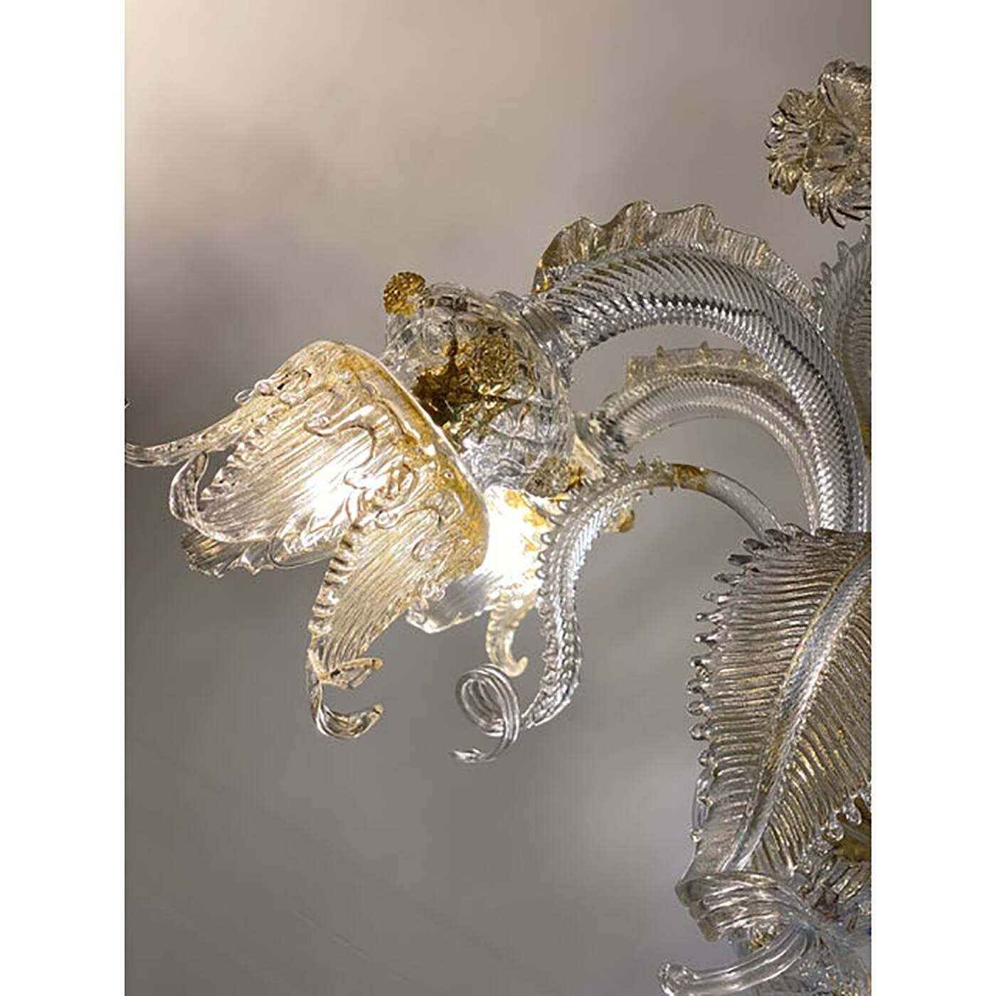 Glass Clear and Gold Chandelier With Flowers and Leaves