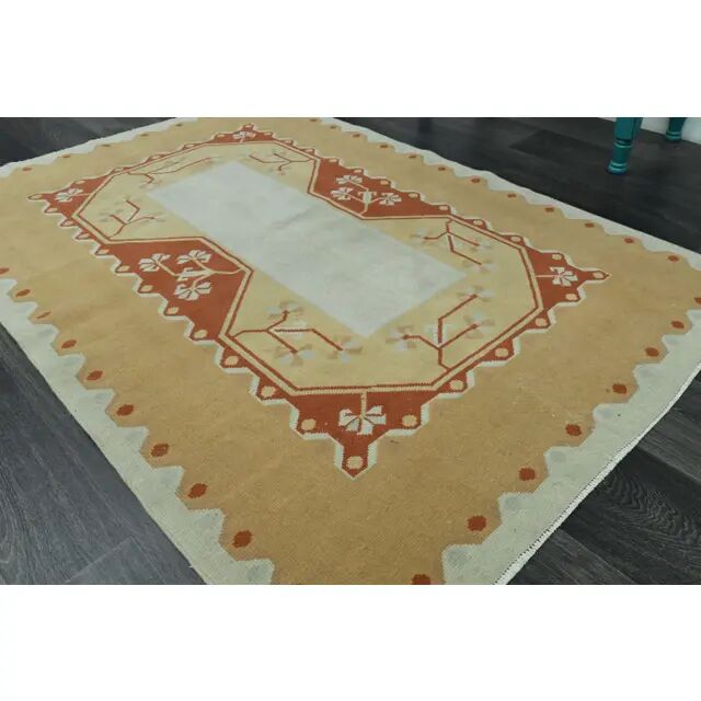 1970s Vintage Turkish Oushak Handmade Wool Cotton Orange Area Rug  116x178