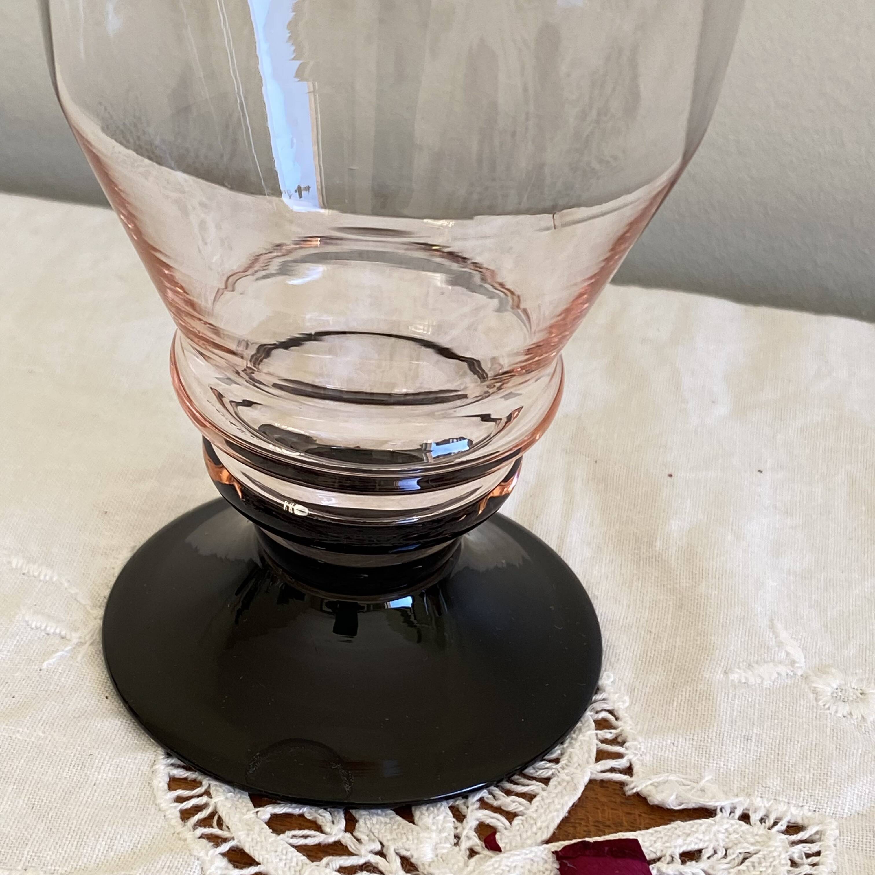 6 large pink art deco wine or water glasses with black stem