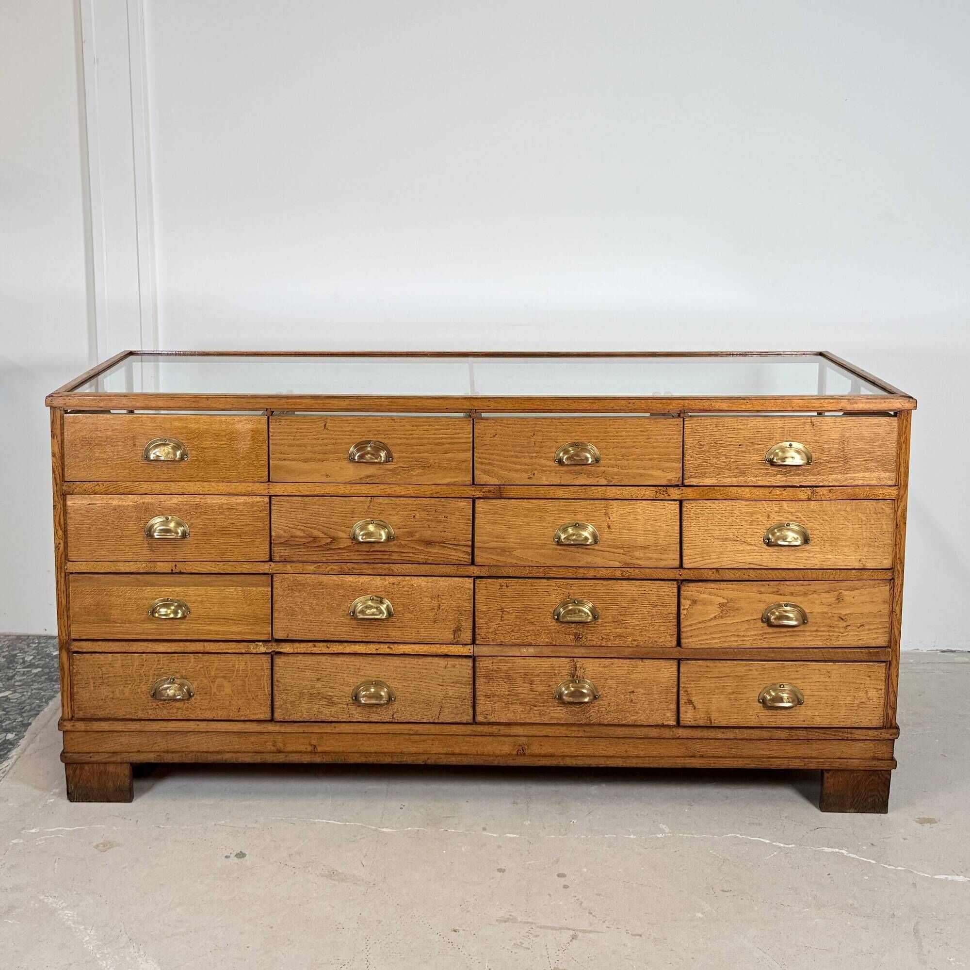 Solid Oak Haberdashery Glass Showcase with 16 Drawers – ca. 1940s