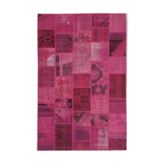 Hand-knotted oriental vintage 198 cm x 302 cm pink patchwork carpet
