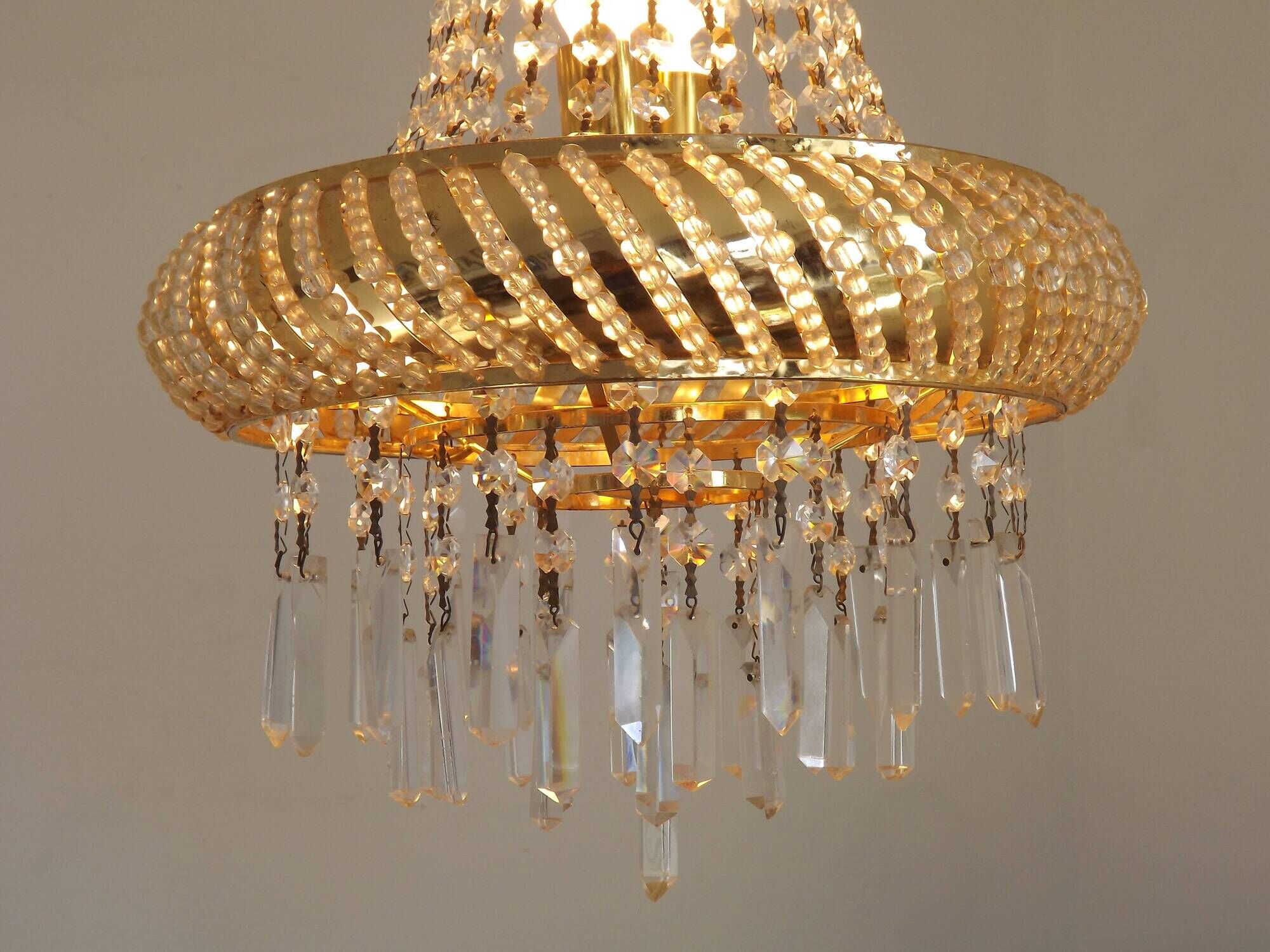 Vintage Gold Metal 5-Light Chandelier – Crystal Beads & Glass Prisms