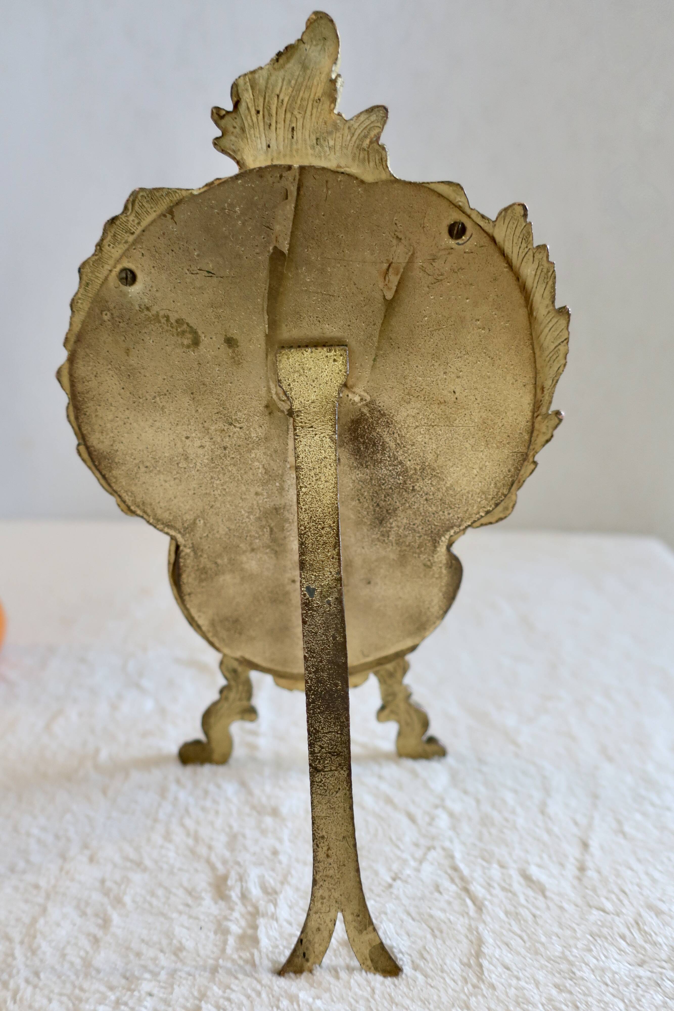 Small vintage 19th century mirror or hand mirror, bronze, beveled glass, baroque, rococo style.