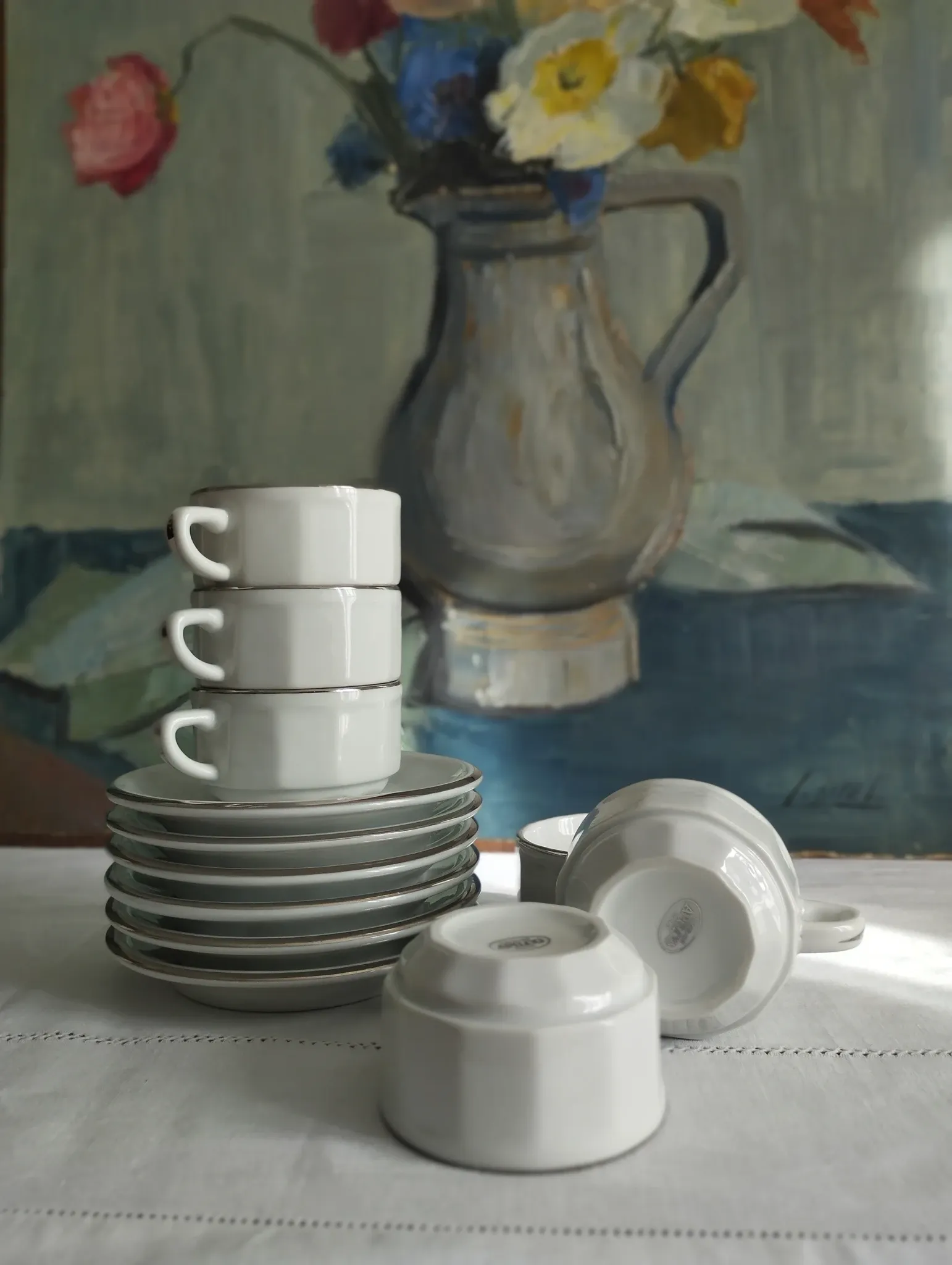 6 white porcelain coffee cups with silver trim Apilco Deshoulières