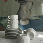 6 white porcelain coffee cups with silver trim Apilco Deshoulières