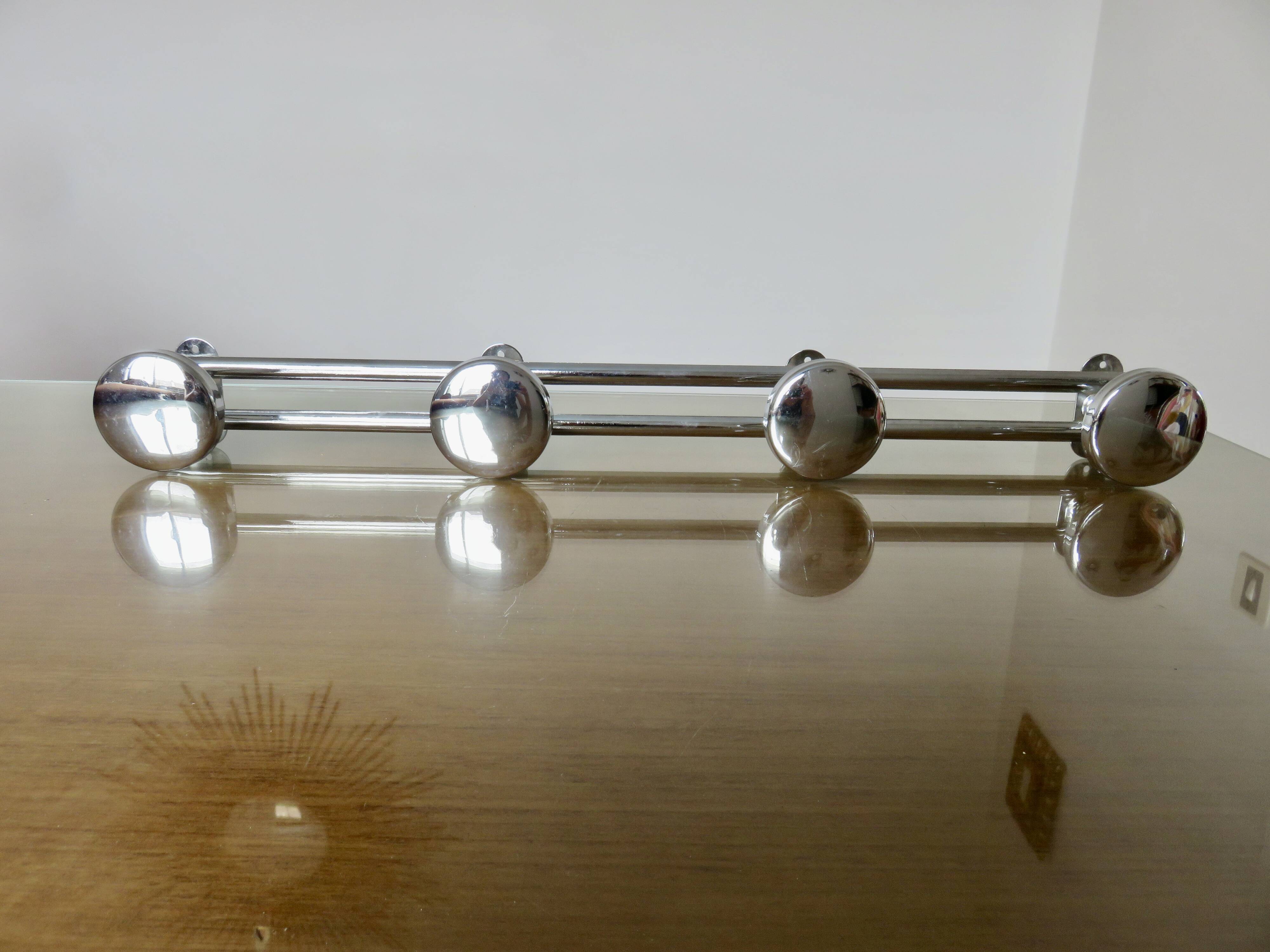 Wall coat rack with 4 hooks in chrome metal 1970